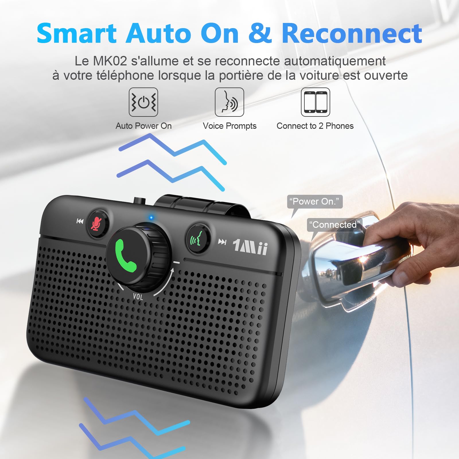 [Upgraded] 1Mii CarEcho MK02 Kit Main Libre Voiture Bluetooth 6.0 | 5W Haut-Parleur Voiture, 35H d'Autonomie, Auto Reconnexion, Siri Google Assistant Vocal, Appels Mains Libres/GPS/Musique