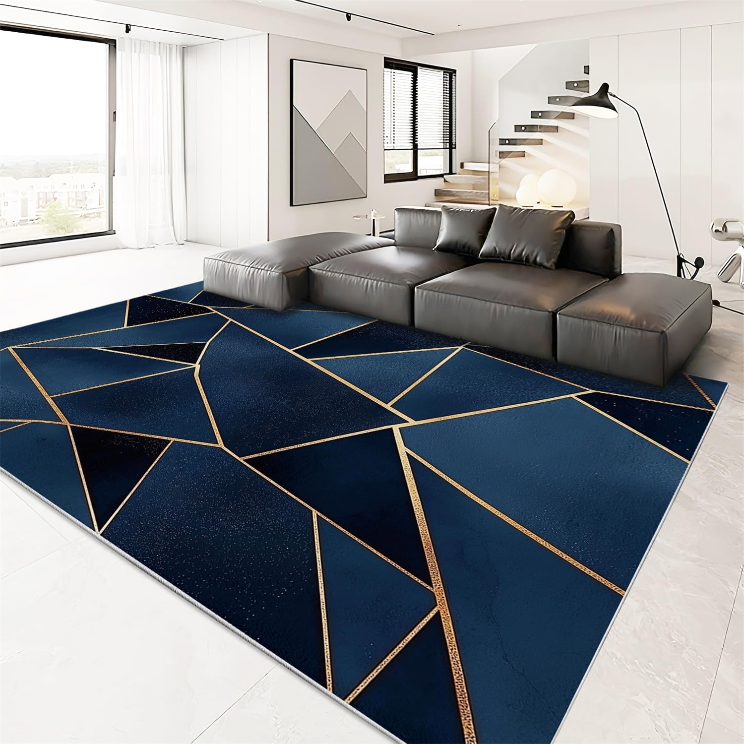 Teppich Wohnzimmer Kurzflor Dunkelblaue Geometrische Formen Schlafzimmer Flauschig Rechteckiger rutschfest Für Kinderzimmer Teppich Jungen Waschbar Fußmatte 140 X 200 cm, Dunkelblau