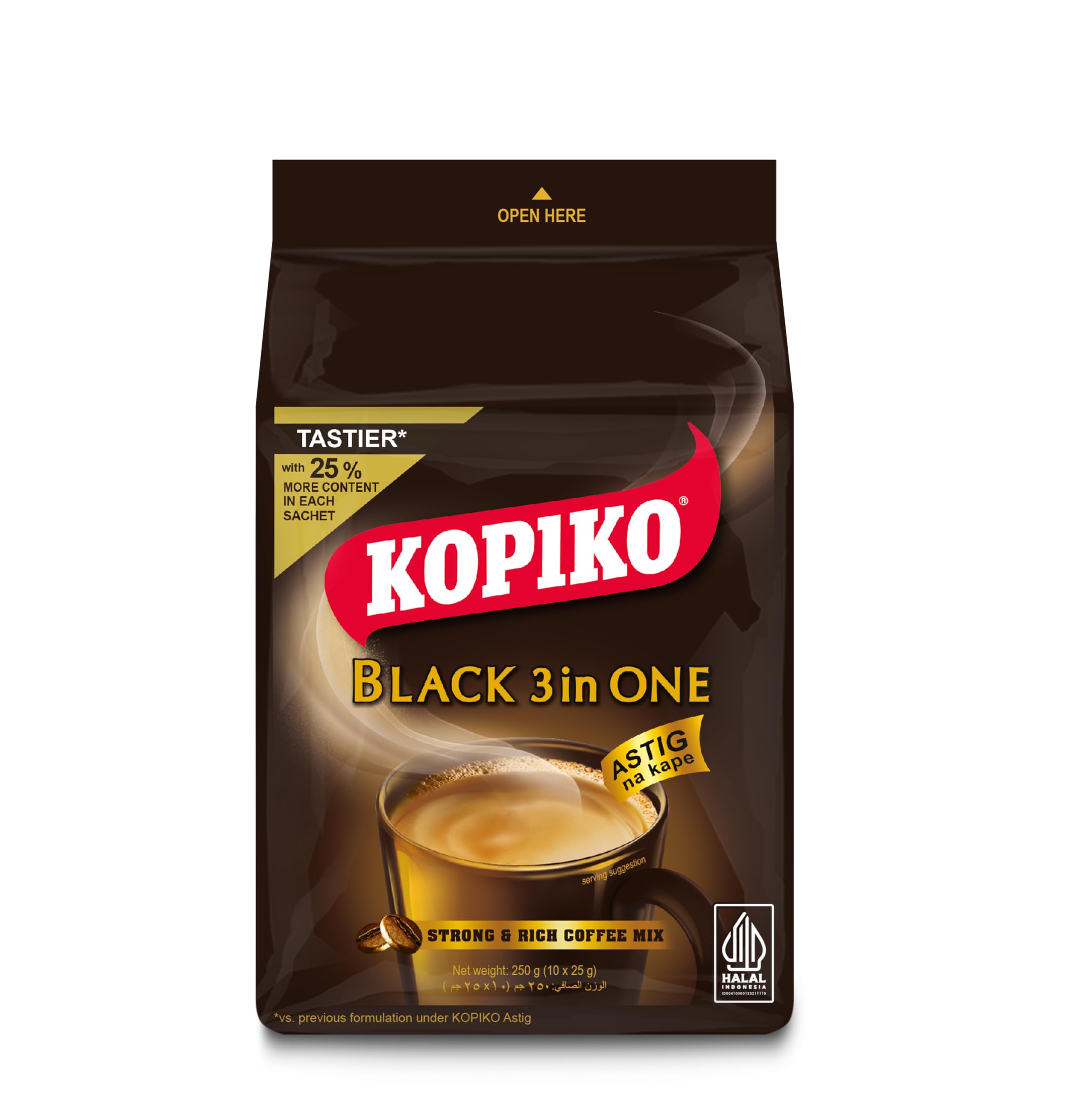 Black 3 in 1 Coffee Mix, 10 Sachets, 25g Each, Strong & Rich Instant Coffee with Creamer & Sugar