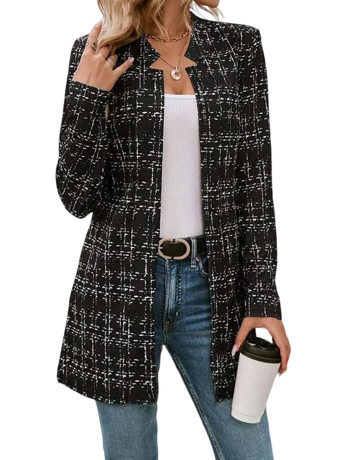 utcoco Womens Elegant Plaid Open Front Blazer Slim Long Sleeve Thigh Length Tweed Cardigan Jacket