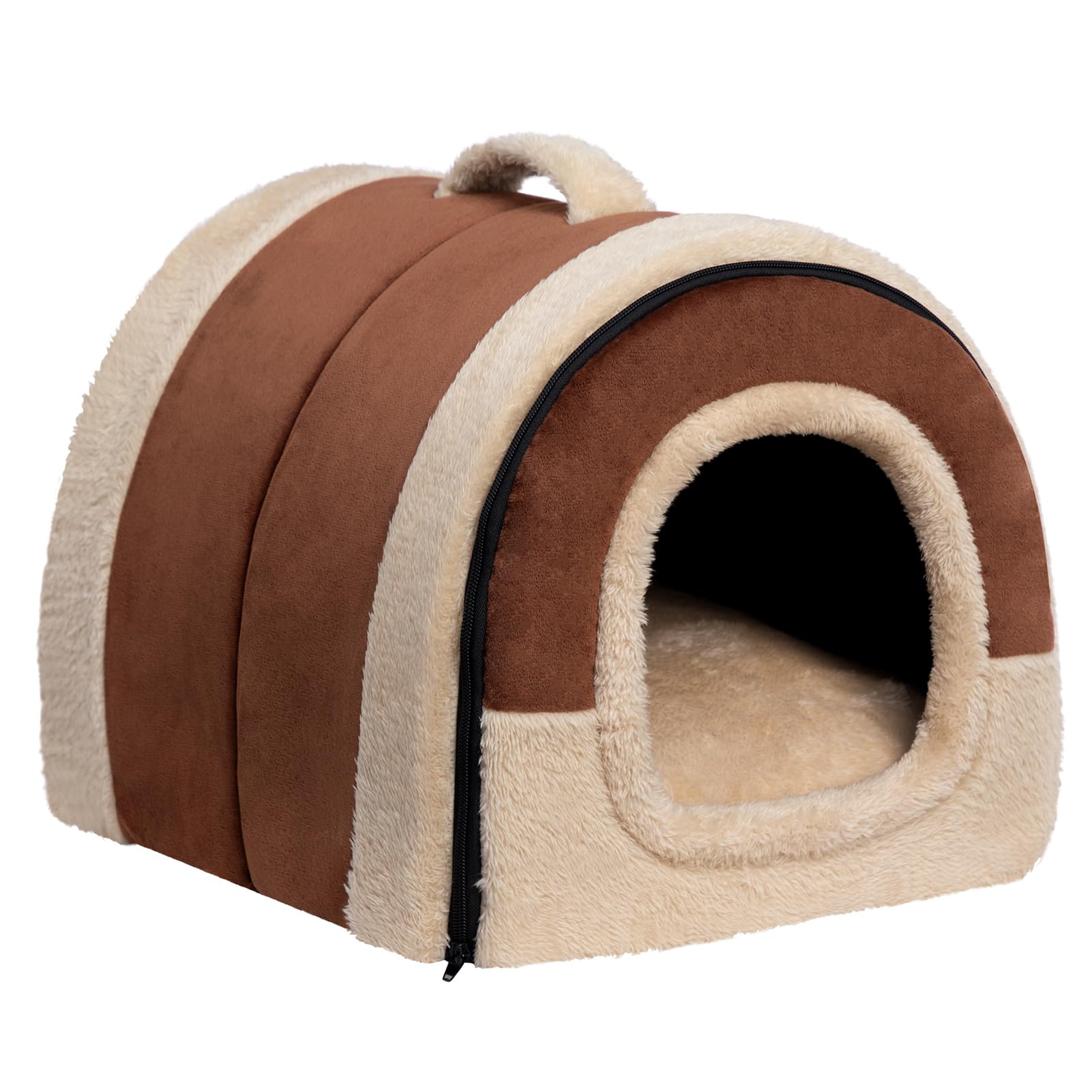 Hollypet Katzenbett Kleines Hundebett, 2-in-1 Faltbare Haustierbett für Katzen & Kleine Hunde, Warmes Höhlennest Kristallsamt-Katzenhöhle Indoor Outdoor, Kaffee