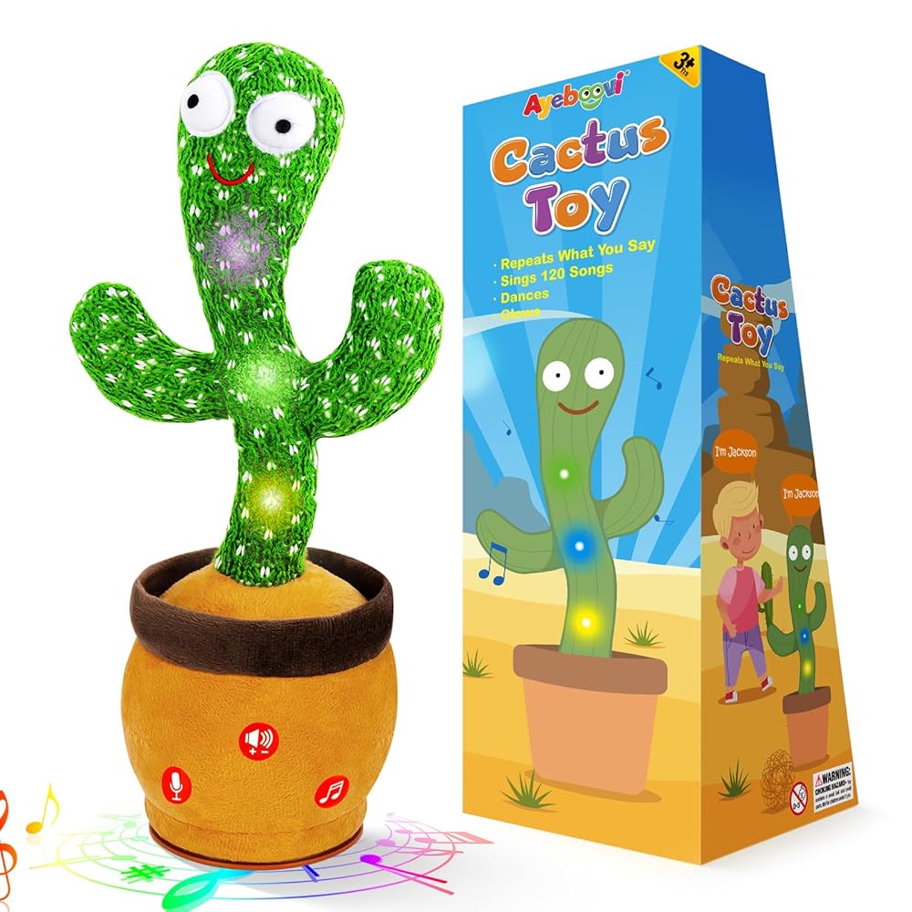 Ayeboovi Baby Toys Dancing Talking Cactus, Volume Adjustable Mimicking Recording Cactus Toy Repeats What You Say, Toddler Toys Singing Cactus with 120 Songs, Tummy Time Toys for Kids Boys Girls
