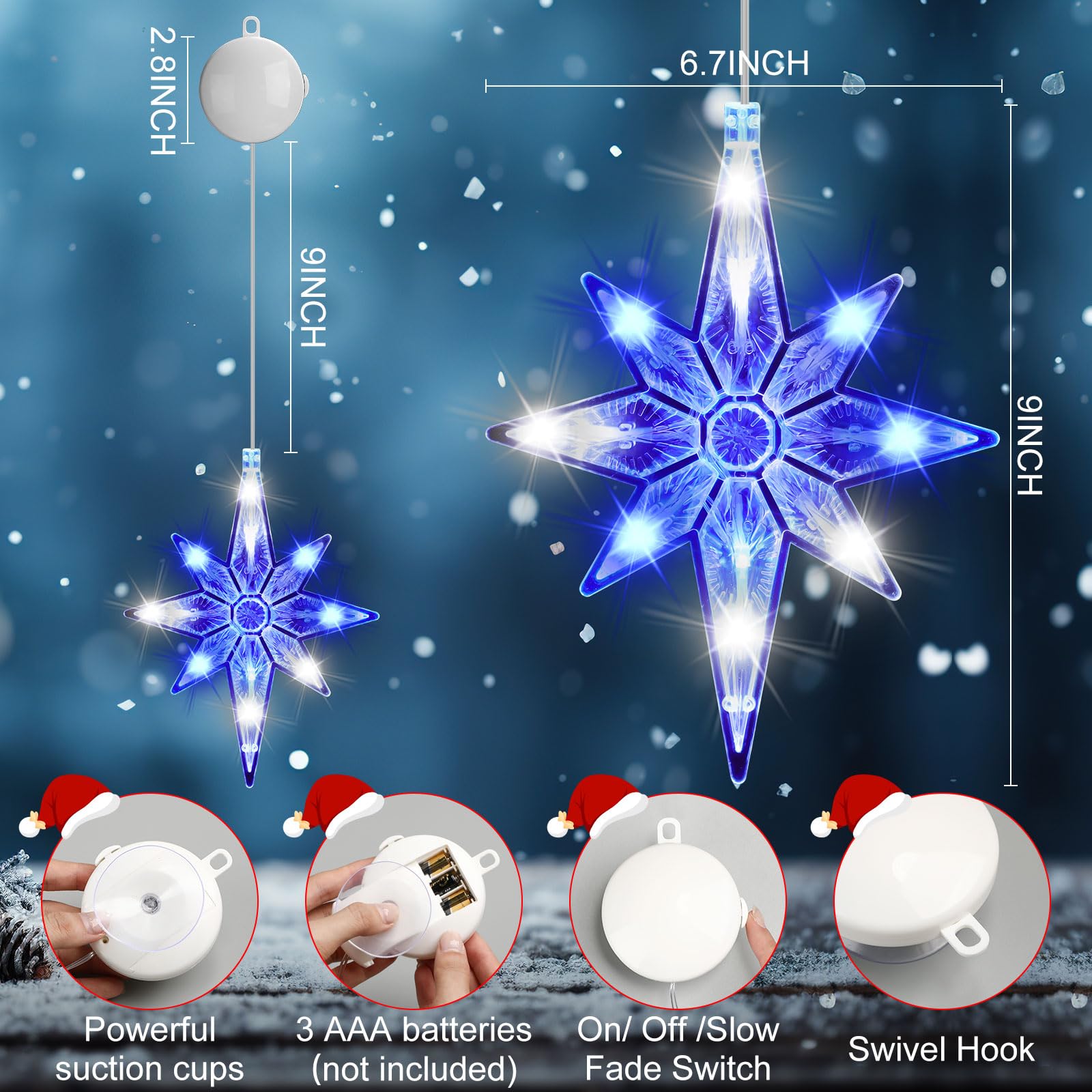 Tujoe Lot de 12 lumières de fenêtre lumineuses avec minuterie, ventouse, fonctionne à piles pour Noël, vacances, Nouvel An, extérieur et intérieur (étoile de Bethléem, bleu blanc)