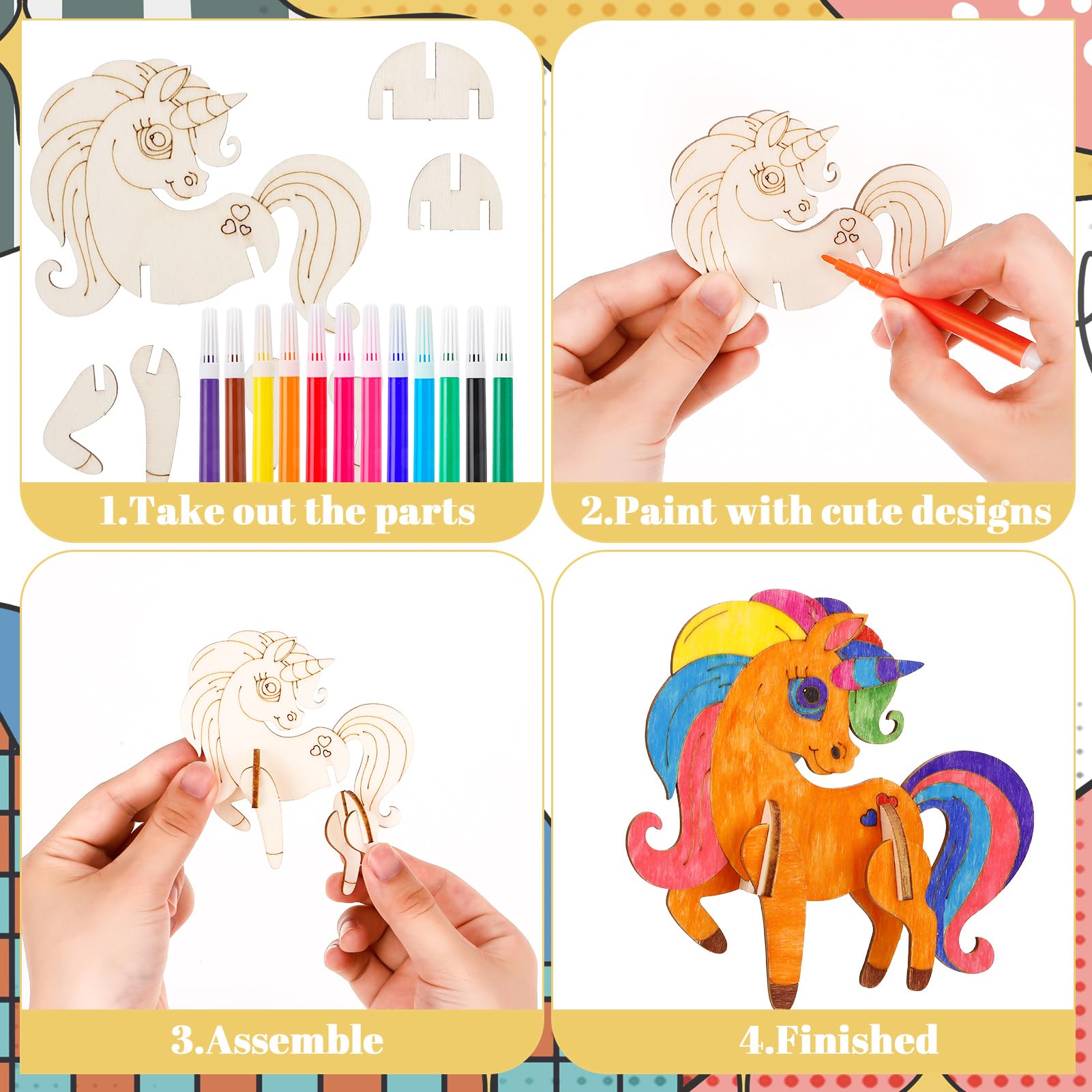 TZQFROCE Einhorn Bastelset Für Kinder – 55 Teile Mit 40 Holzteilen, 12 Stiften & 3 Aufklebern, DIY Für Mädchen