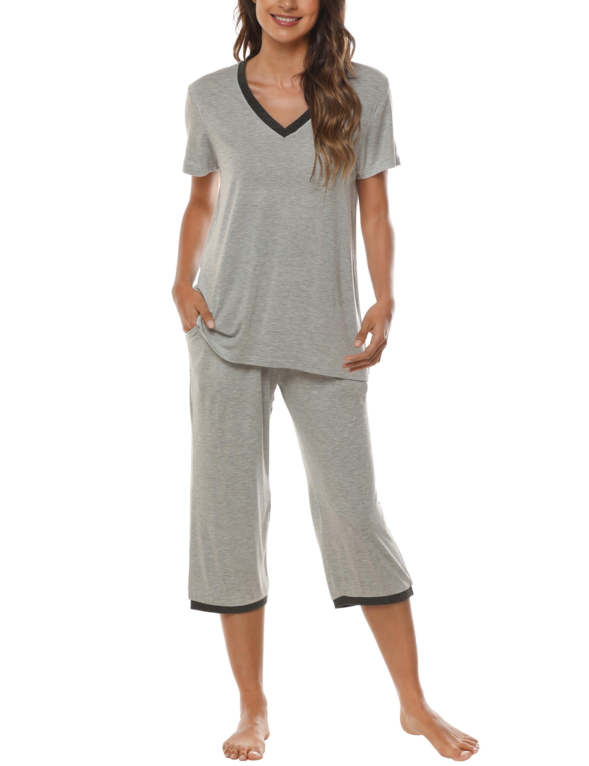 MoFiz Pyjama-set voor dames, bamboe, korte mouwen, nachtkleding, zomer