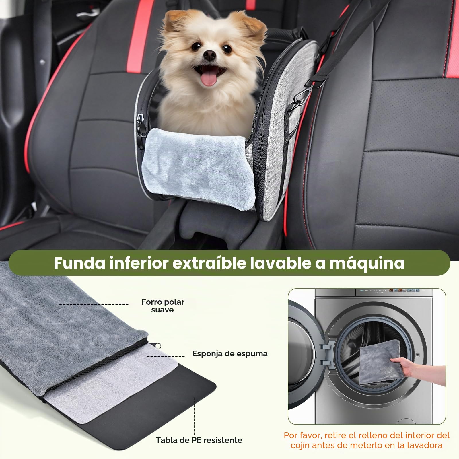 Asiento Coche para Perros Pequeños Gatos - Silla Asiento Coche Perros Consola Central, Cinturón Seguridad Doble Protección y Base Antideslizante, Cojín Lavable y Bolsillo, Gris