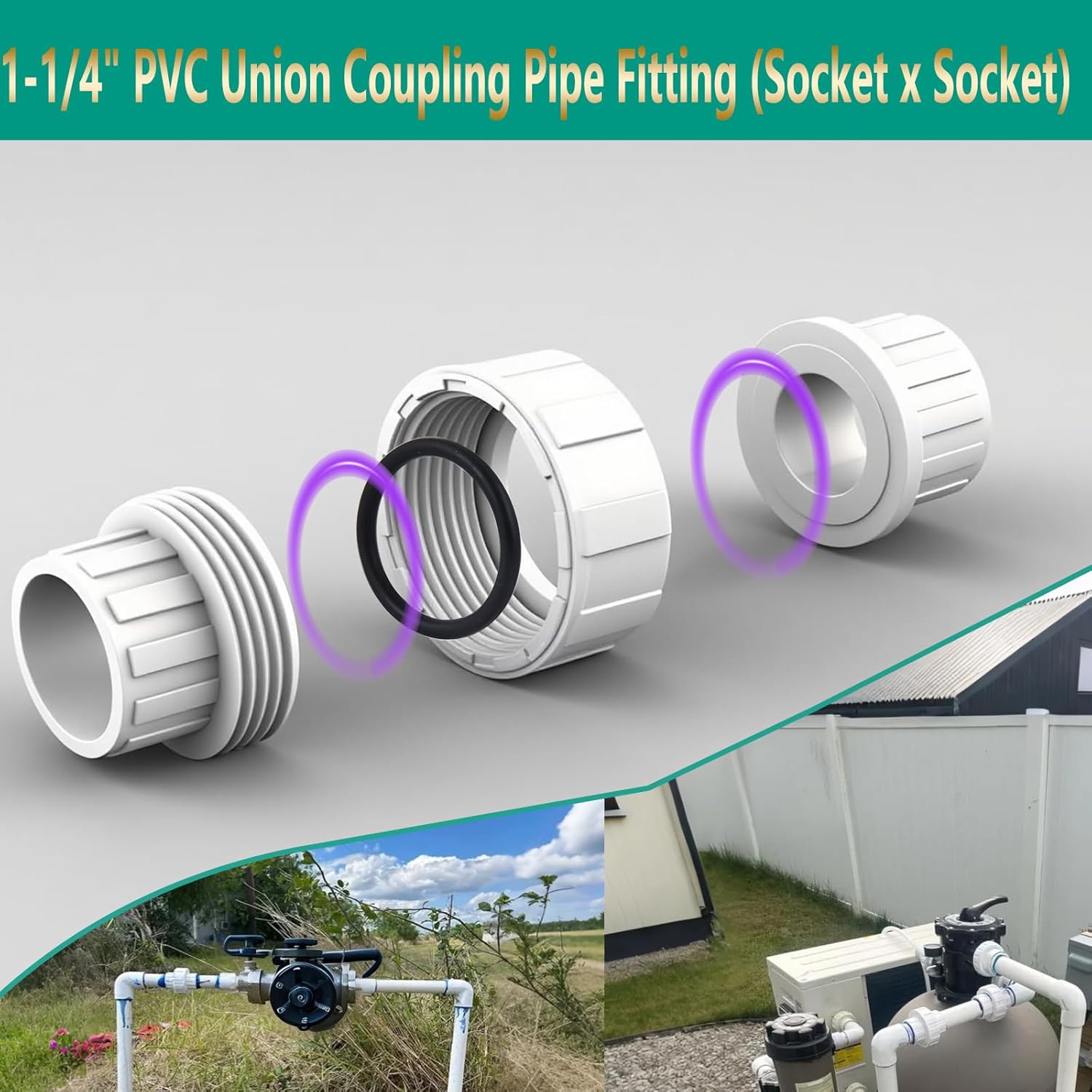 1-1/4" PVC Union Pipe Fitting,PVC Adapter(Socket x Socket),1-1/4" Inch Slip Union Schedule 40, EPDM O-Ring,2 Pcs