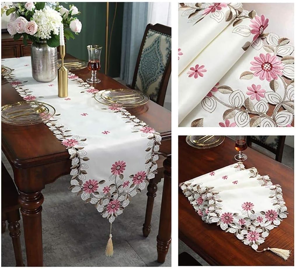 Handmade Simple Pack of Rectangular Table Runners for Wedding Party Event Banquet Dinning Table Christmas and New Year Decoration White Lace Embroidered Table Runner ( 40*200cm)