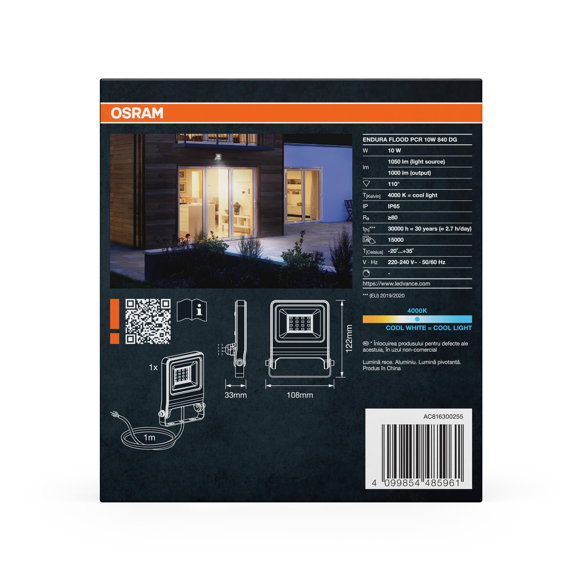 OSRAM Proyector LED ENDURA FLOOD PC de 10 W, blanco frío de 4000 K, 1000 lúmenes, IP65, resistente a la intemperie, aluminio reciclado, pivotante 180°, gris oscuro,2-Pack