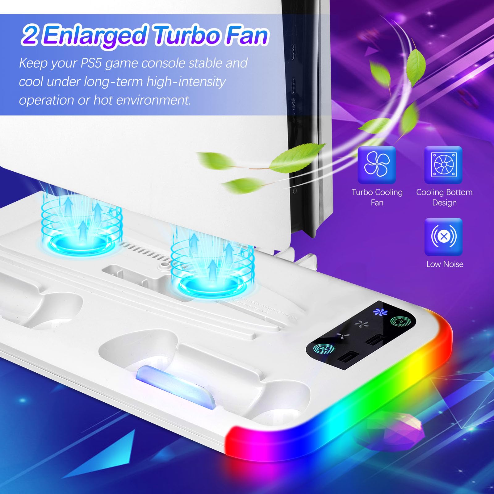 Supporto PS5 Slim/PS5 Pro con Ventola & Luce RGB, PS5 Stazione di Raffreddamento Supporto di Ricarica con Controller Ricarica Stazione di ricarica per PS5-Slim/PS5 Pro Disc & Digitale Edizione