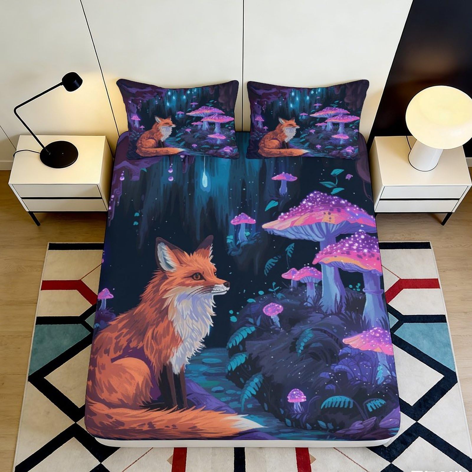 3D Printed Fox and Glowing Mushrooms Fitted Sheet Microfiber Soft Breathable Night Forest Bed Cover for Bedroom Dormitory Guest Room Mattress Protection 200x200x25cm