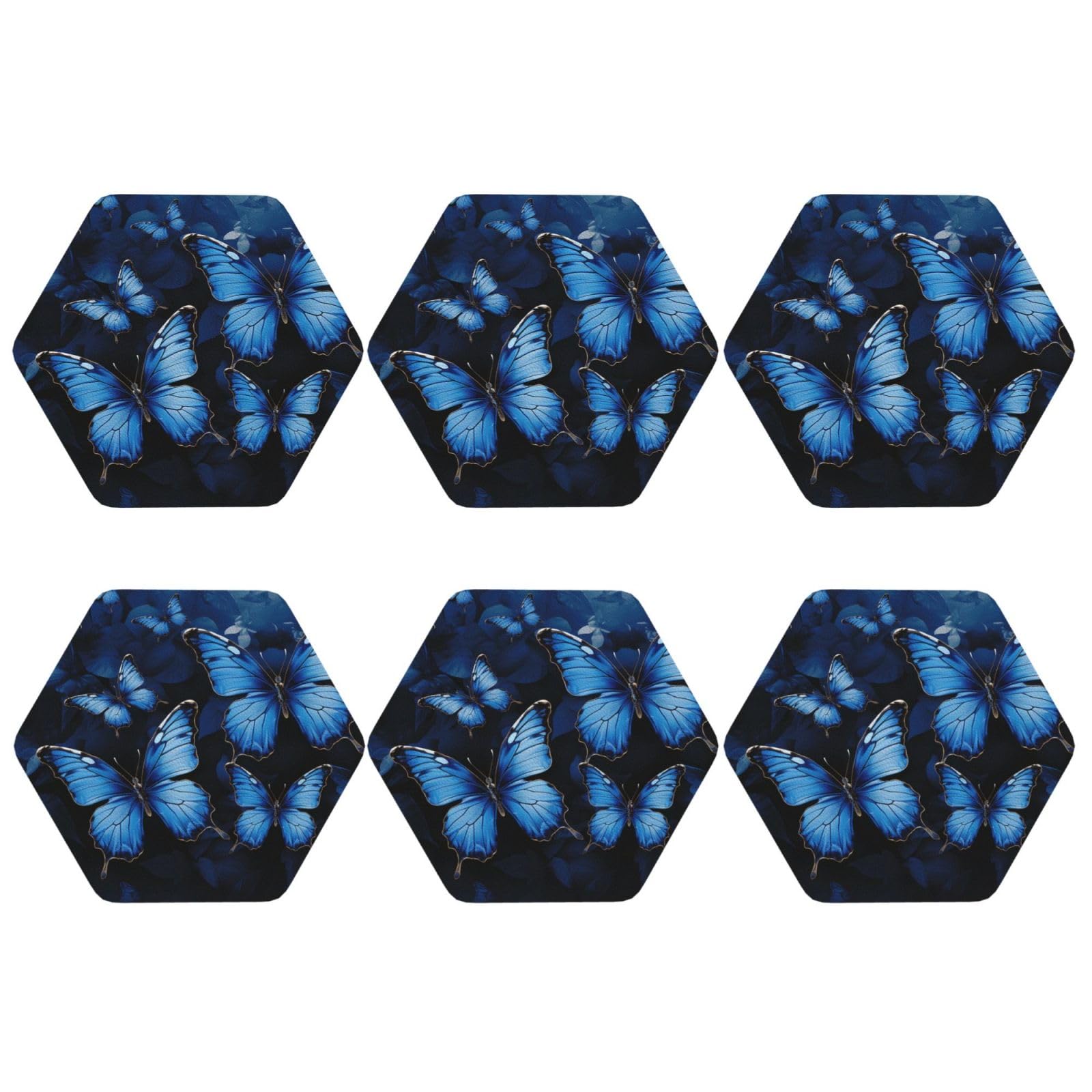 6Pcs PU Leather Coaster for Drinks, Dark Blue Butterflies Cup Coastersr 4" Cup Mat Pad, Aesthetic Drink Coasters for Coffee Table, Hexagon Coaster for Tabletop Protection