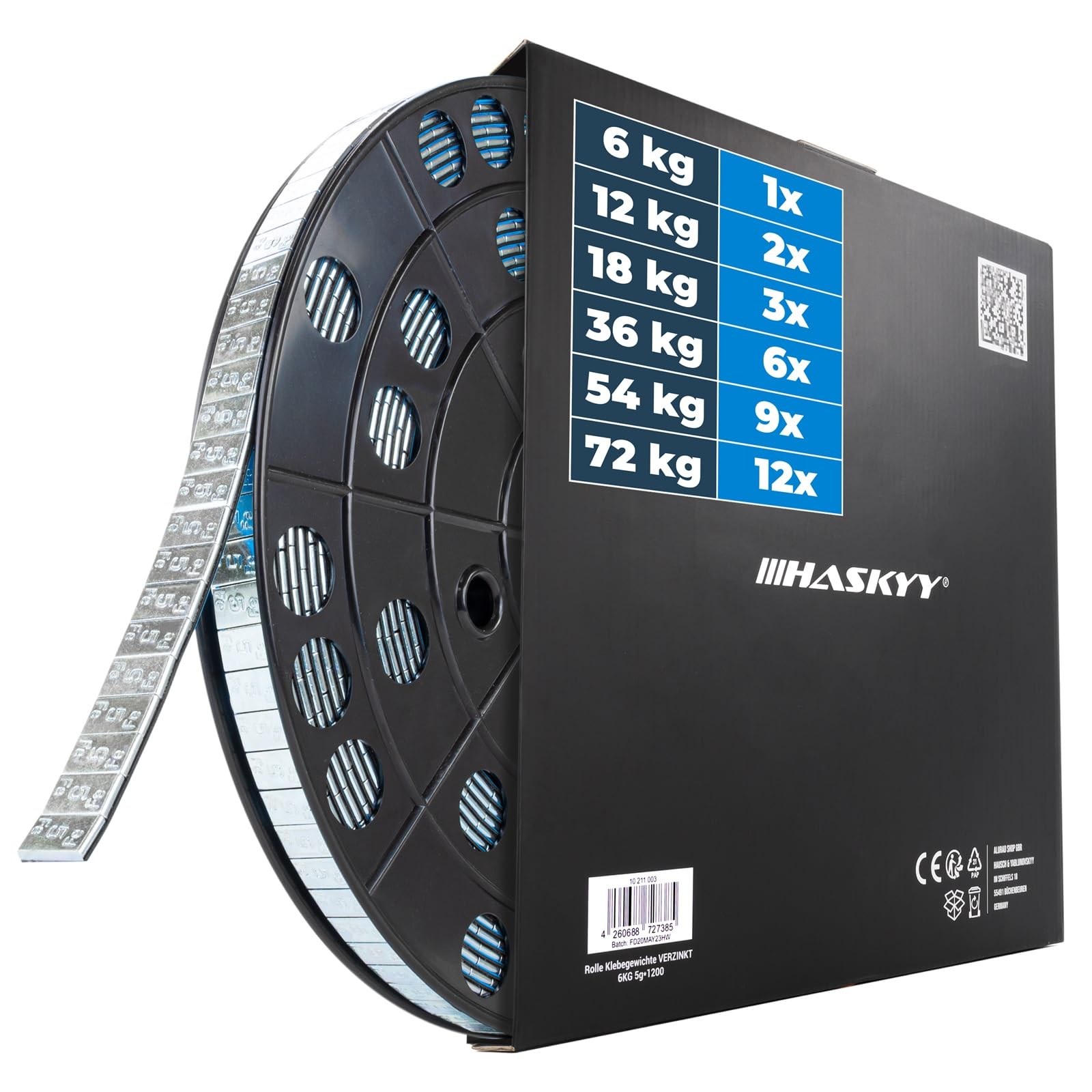 HASKYY Rollo de 72 kg de peso adhesivo, 14.400 x 5 g, peso de acero galvanizado, barril adhesivo con borde de demolición, pesos de equilibrio para llantas de acero y llantas de aleación, con