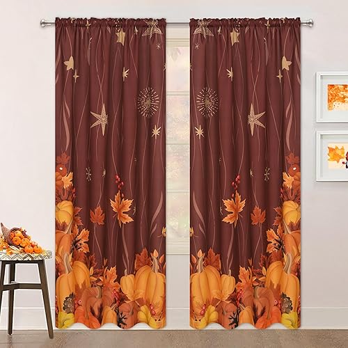 Alishomtll Cortinas de otoño de 63 pulgadas de largo, 2 paneles de cortinas de otoño, decoración de pared, cortinas de ventana de arce de calabaza