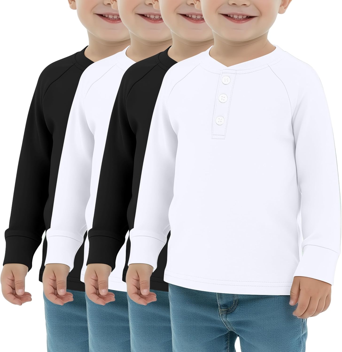 4 Pack Boys' Long Sleeve T-Shirts Girls' Henley Tees Casual Toddler Shirts Solid Ba...
