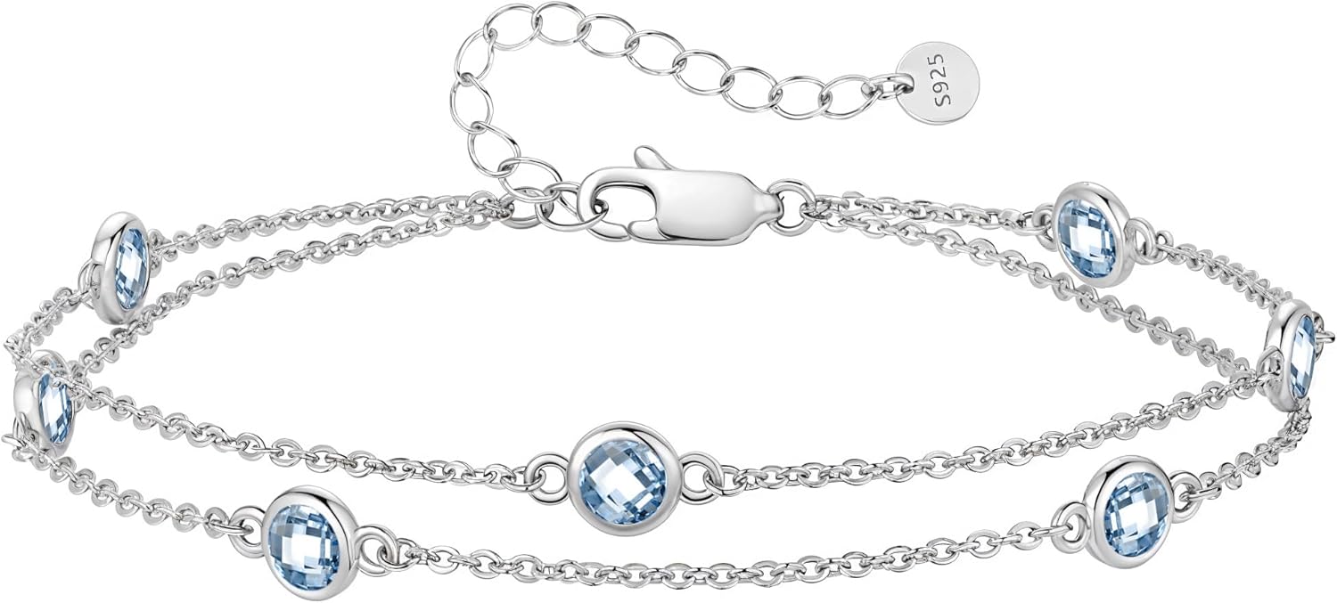 LOUISA SECRET Birthstone Bracelets for Women, 925 Sterling Silver Charm Link Double Strand Bracelet, Birthday Anniversary Christmas Jewelry Gifts for Wife Girlfriend Mother her…