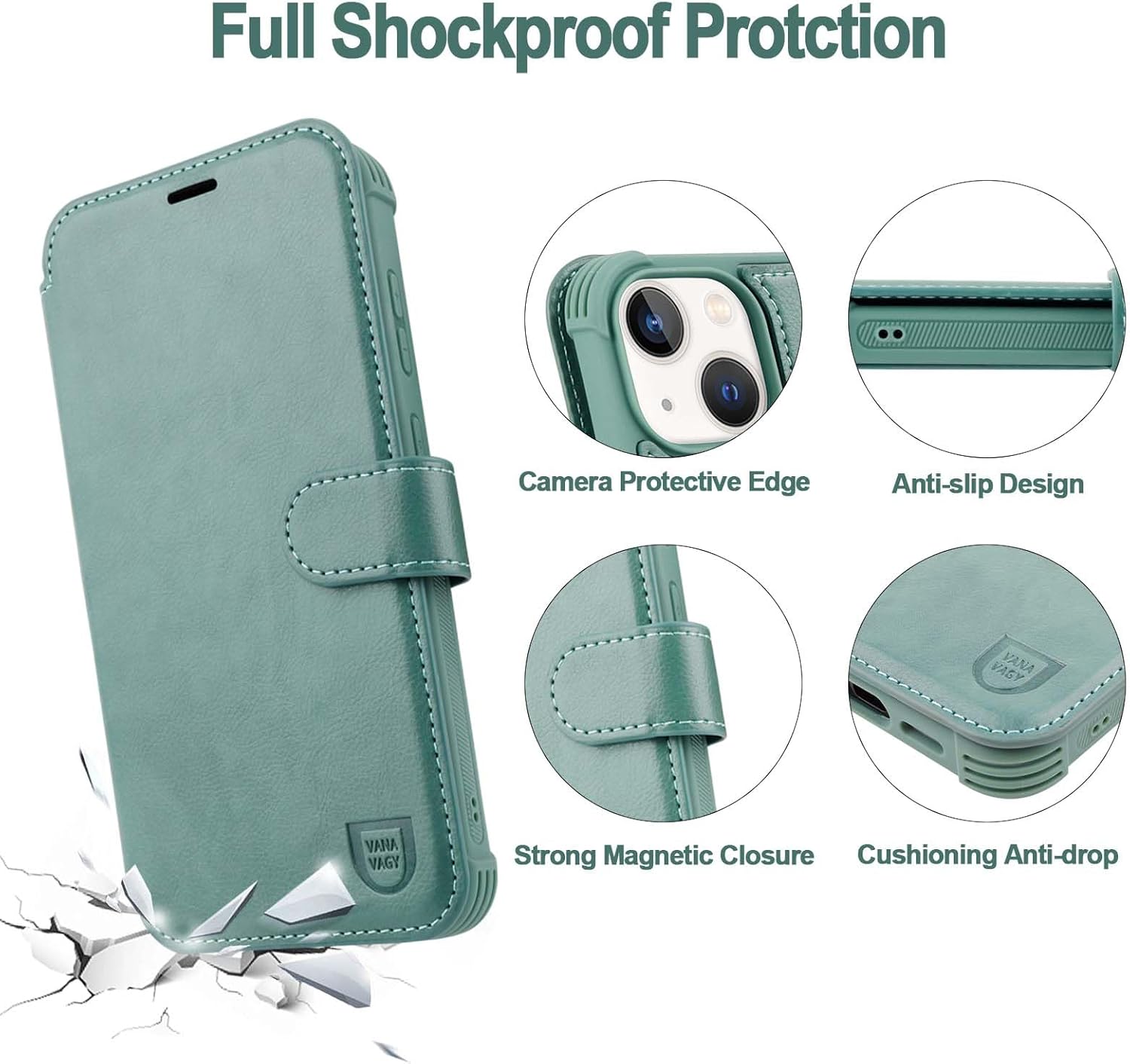 VANAVAGY Compatible for iPhone 13 Mini Wallet Case for Women Men, PU Leather Flip Phone Cover with Wrist Strap for Wireless Charging with RFID Blocking Card Holder Screen Protector,Forest Green