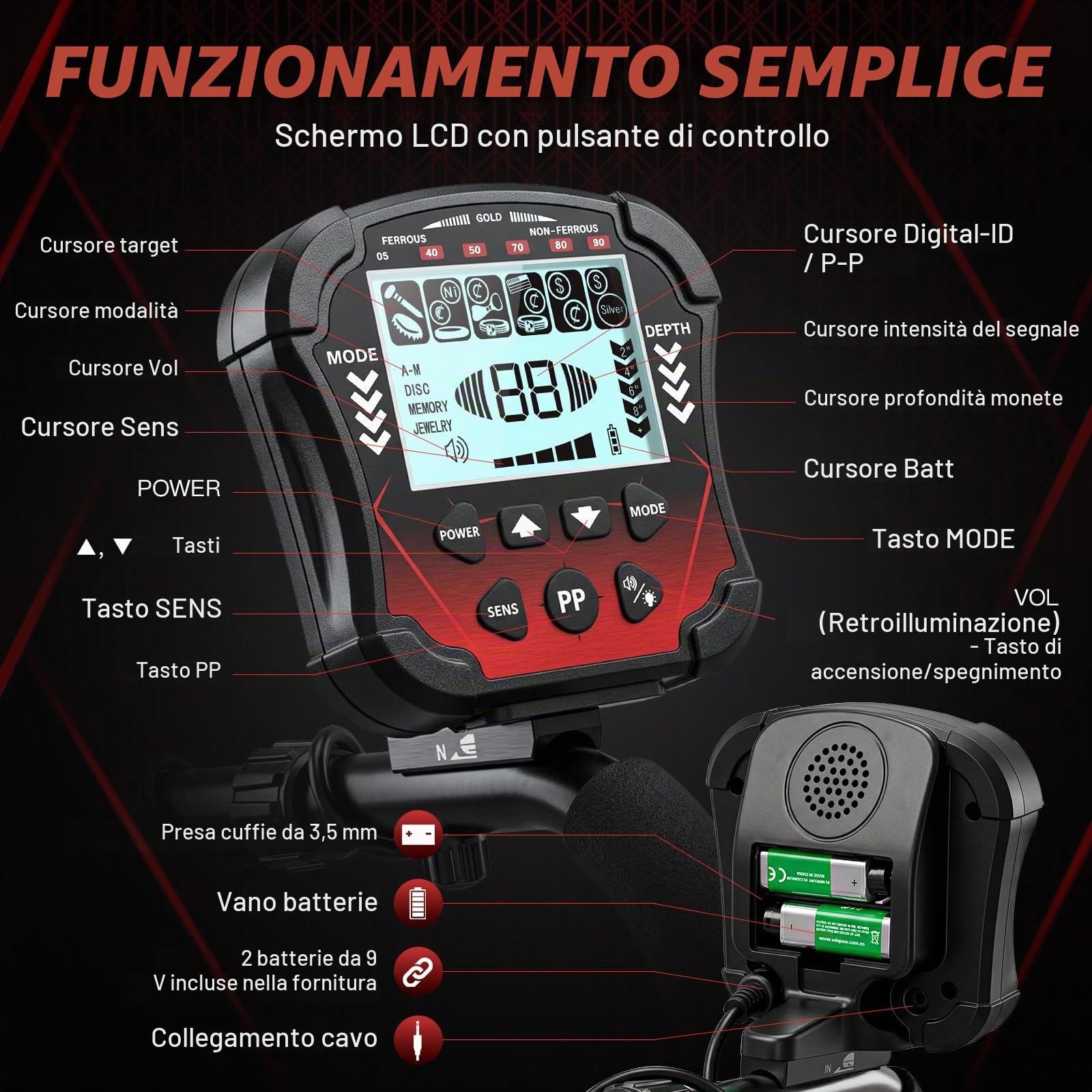 Metal Detector per Adulti Professionali, 5 Modalità ad Alta Precisione, Bobina Impermeabile 10in IP68 Lunghezza Regolabile 107-130 cm con Schermo LCD Ideale per Principianti e Esperti-rosso