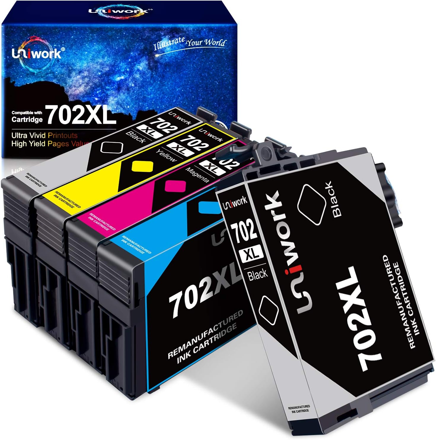 Uniwork Remanufactured Ink Cartridges Replacement for Epson 702 XL 702XL T702XL to use with Workforce Pro WF-3720 WF-3730 WF-3733 Printer (2 Black, 1 Cyan, 1 Magenta, 1 Yellow, 5 Pack)