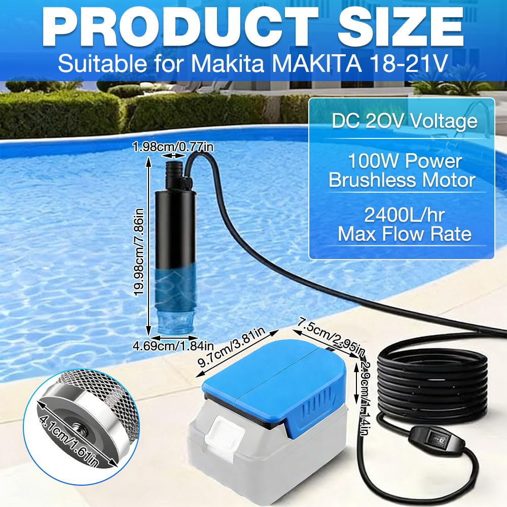 Pompe a Eau Sans Fil pour Batterie Makita 18V, 100W 20V Portable Pompe a Eau Batterie, 635 GPH pour Douche de Jardin, Flaque, Camping, Camping-Car, Cale, Aquarium