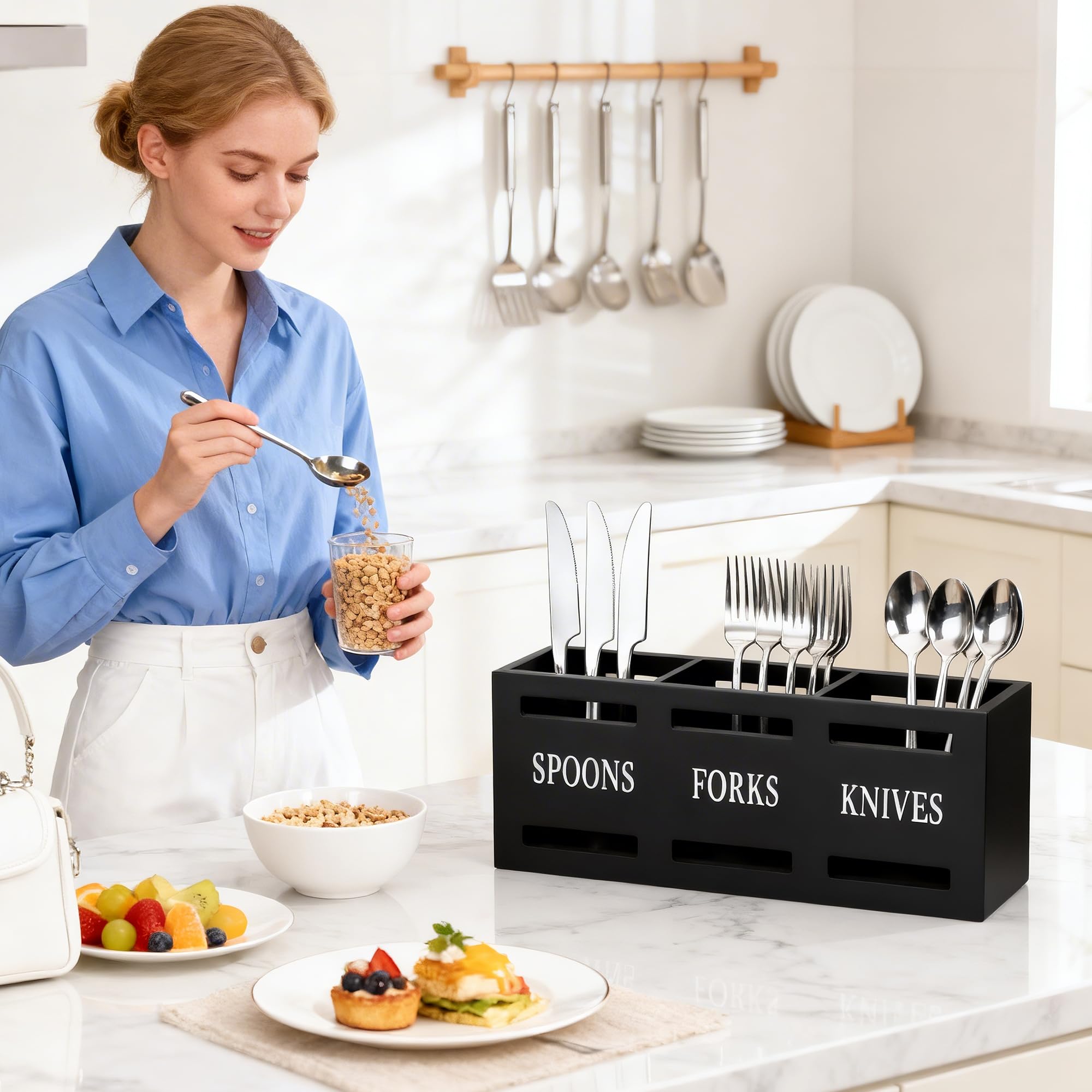 Zocipro Küchenutensilienhalter mit 3 Fächer, Küchen Utensilien Halter aus Holz, Besteck Utensilien Halter, Besteckaufbewahrung Organizer für Besteck, Gabel, Löffel (Schwarz)
