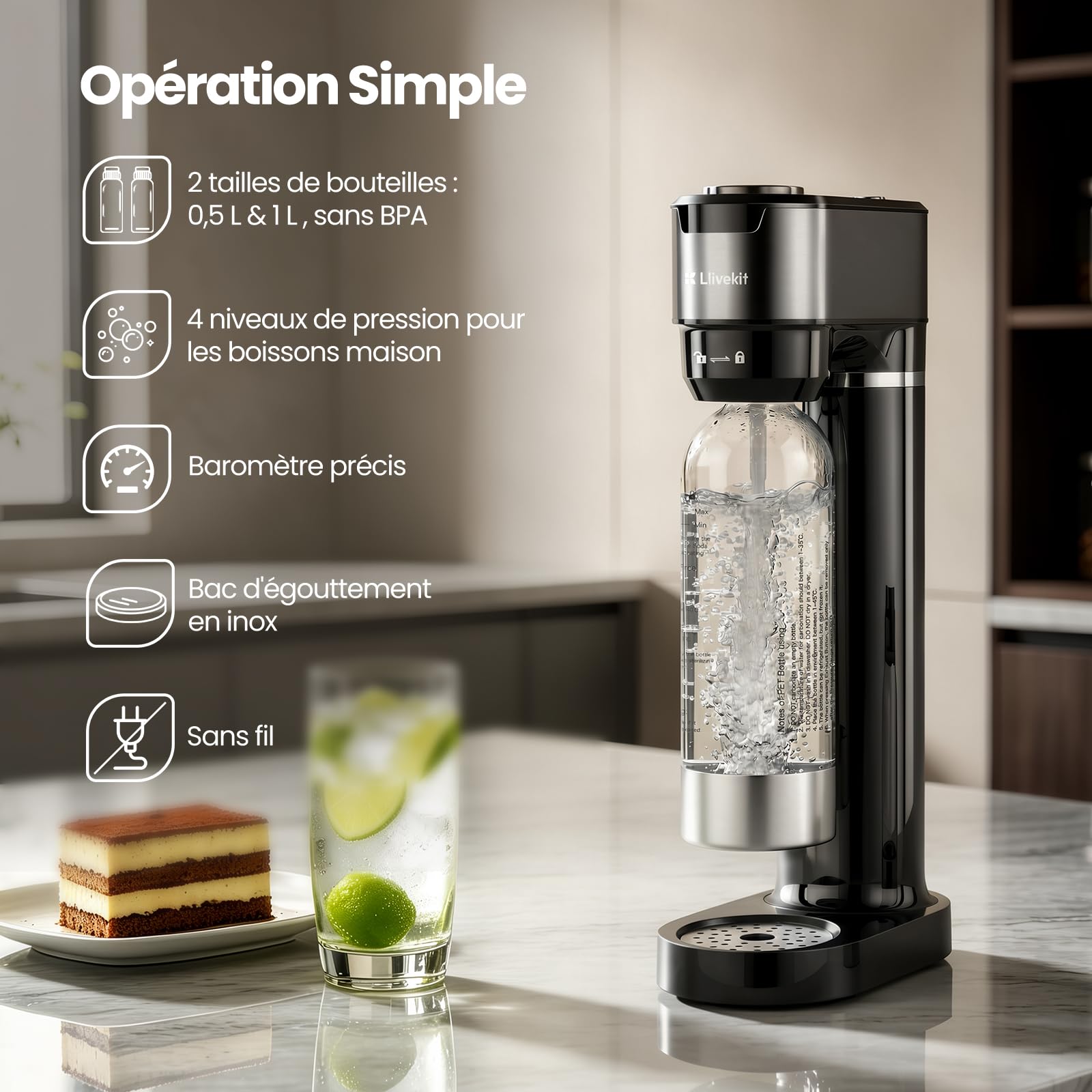 LLIVEKIT Machine à Eau Pétillante avec 4 Niveaux de Bulles, Machine à Soda avec Manomètre Visuel, 2 Bouteilles PET de 0,5 L et 1 L, Soupape de Sécurité, pour Boissons Gazeuses Domestiques, Noir