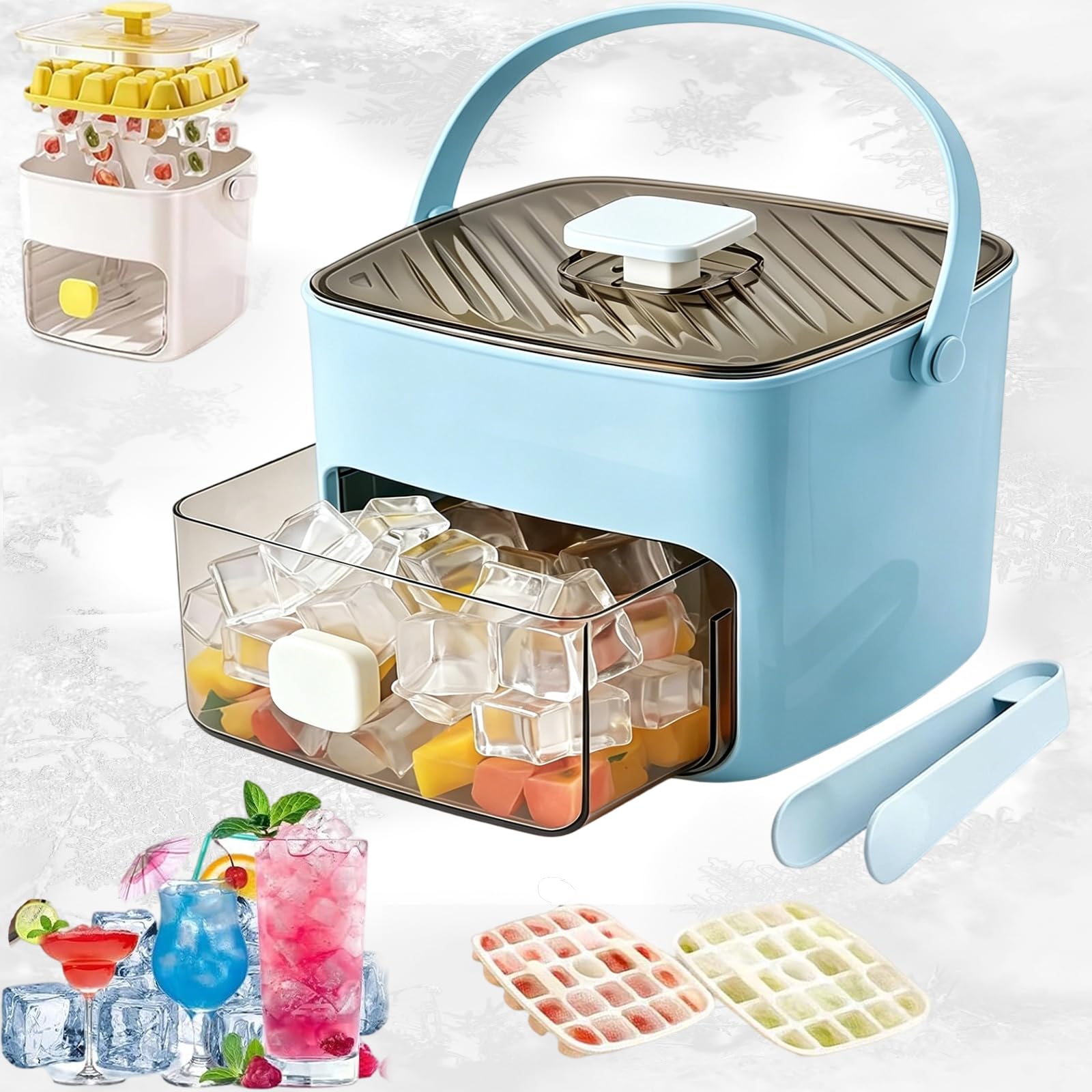 Handled Press-Type Ice Cube Tray Double-Layer, Portable Ice Maker with Storage Box, 48 ICES Cube Tray Storage Box with Handle, All Ice Cubes in One Second for Home Office Bar (Blue)