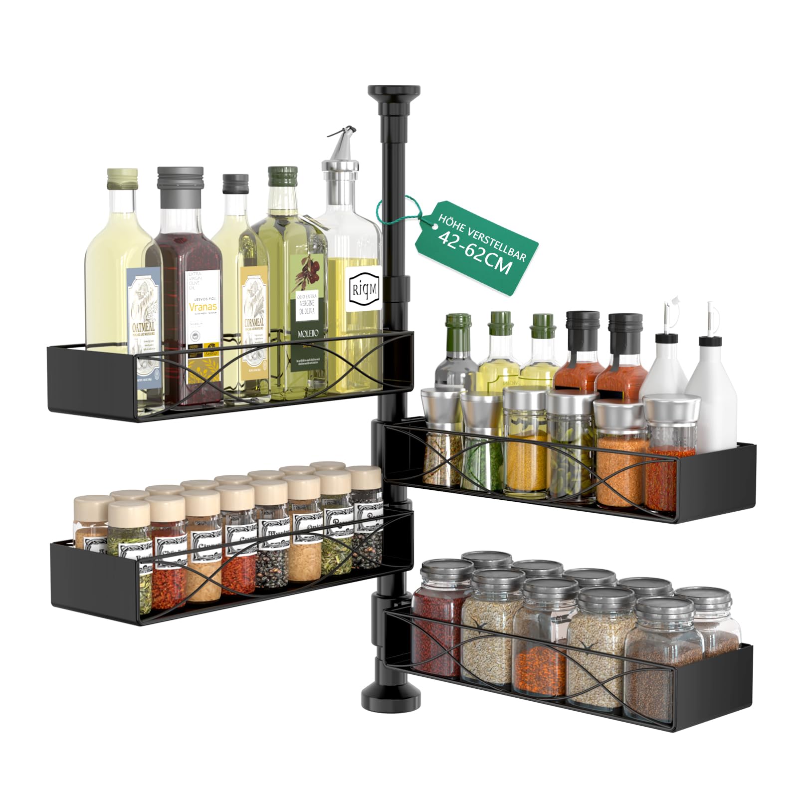 Mixoo 4 Stück Drehbar Gewürzregal Stehend Ohne Bohren,Höhenverstellbar:42–62 cm,Extra Große Kapazität Gewürz Organizer Ecke für Küchen,Metall Spice Rack Wasserdicht Schwarz,für Viele Gewürze (Schwarz)