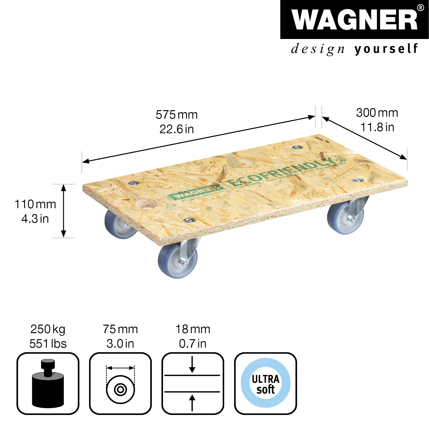 WAGNER Carrello da trasporto MM 1173 I 57,5 x 30 cm I ruote di trasporto a scorrimento facile- per carichi pesanti I portata 250 kg I protezione del pavimento - 20117301