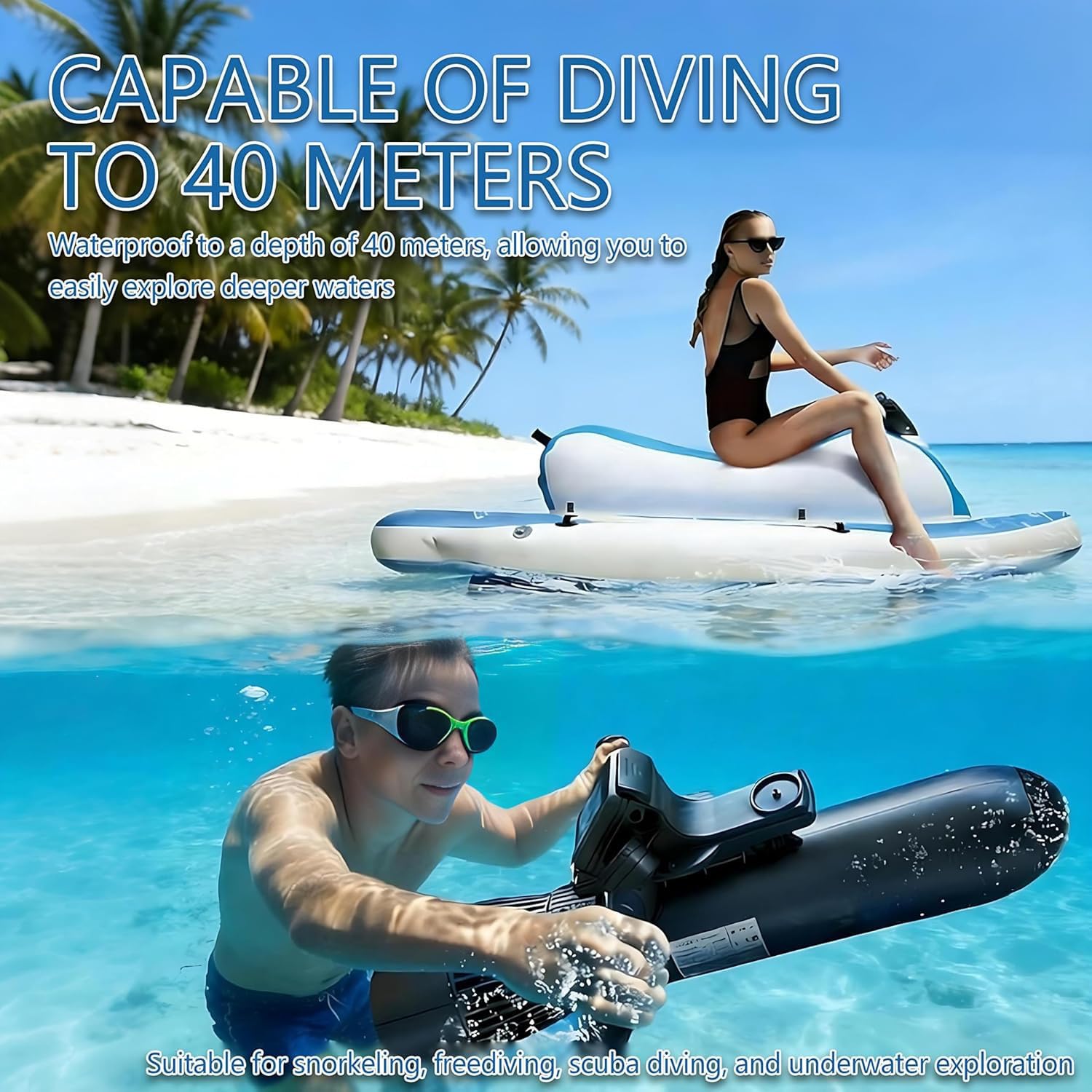 Scooter Submarino y Kayak 2 en 1 – Desmontable para Snorkel y Buceo | Potente motor 500W y batería 10000mAh – velocidad 3-7 km/h y autonomía hasta 130 min,Profundidad máxima 40m