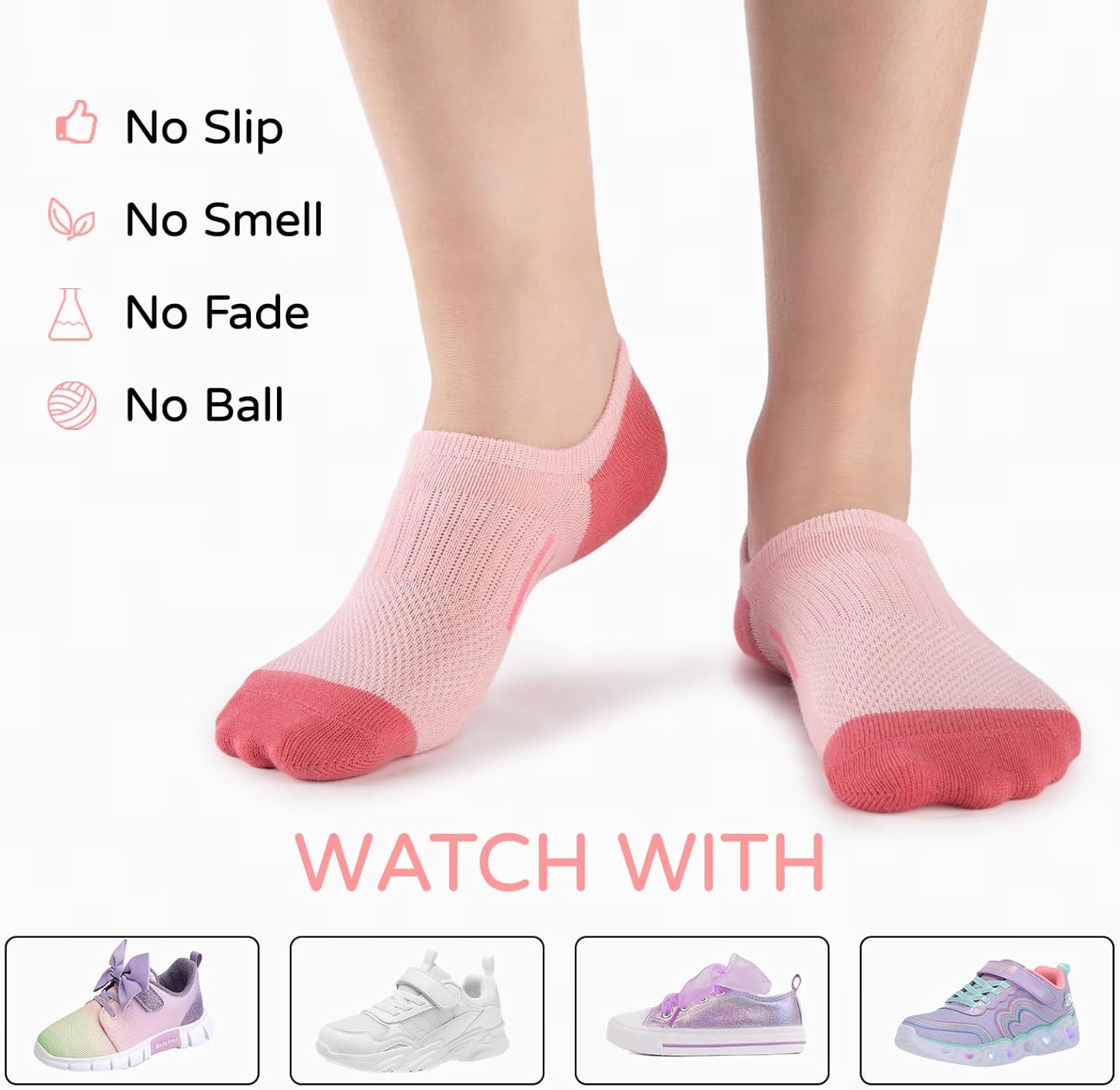 Comfoex 12 Pairs Girls No Show Socks Cotton Non Slip Mesh Low Cut Ankle Invisible Kids Socks With Grips - Image 5
