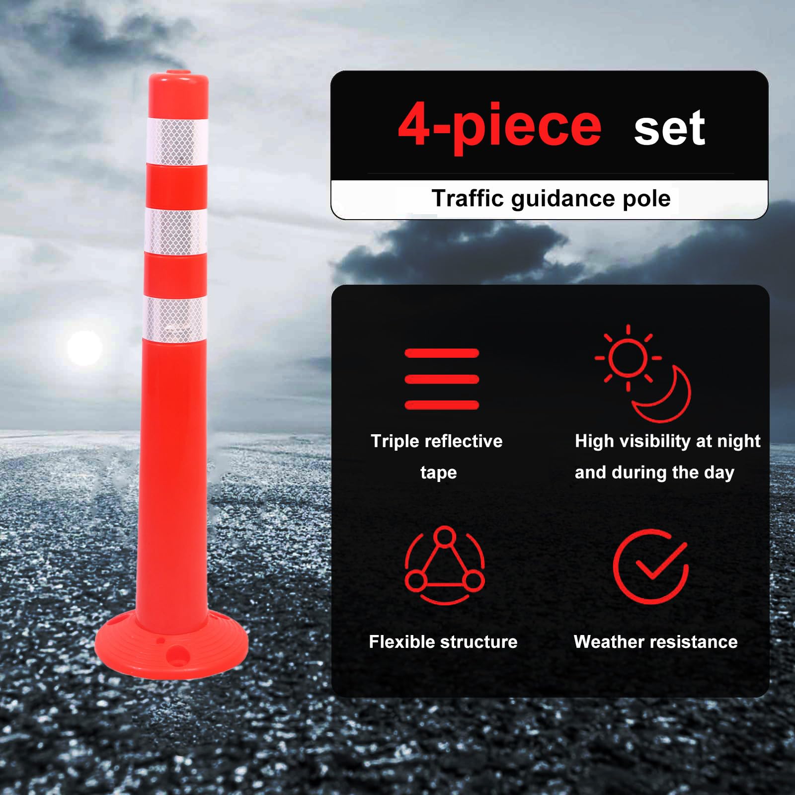 Set di 4 pali da 30"/75 cm, paletti portatili, arancioni con anelli riflettenti per la costruzione di strade, sicurezza parcheggio e controllo del traffico