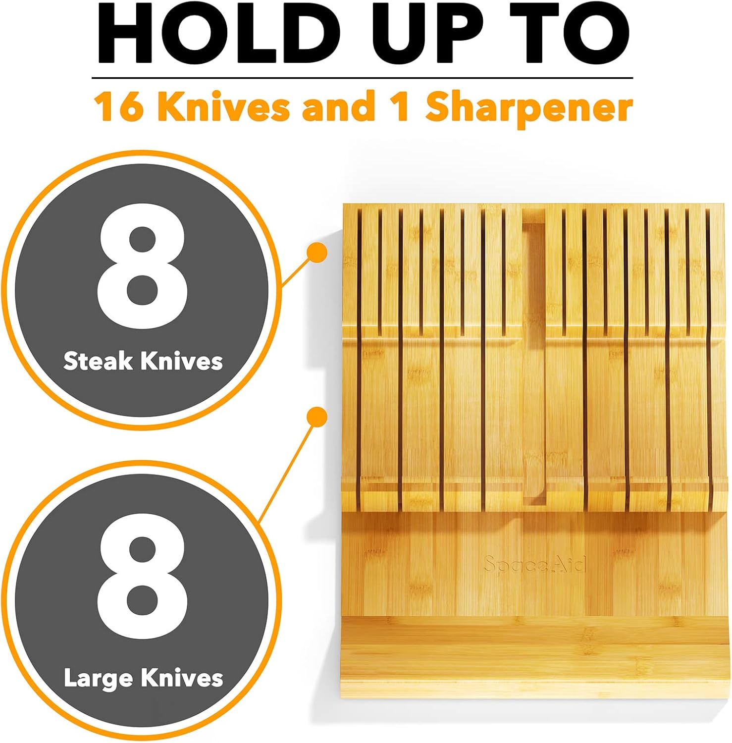 SpaceAid Bamboo Knife Drawer Organizer Insert, Kitchen Steak Knives Holder Organizers Block for Drawer Storage Organization (16 Knife Slots and 1 Sharpener Slot) - Image 6