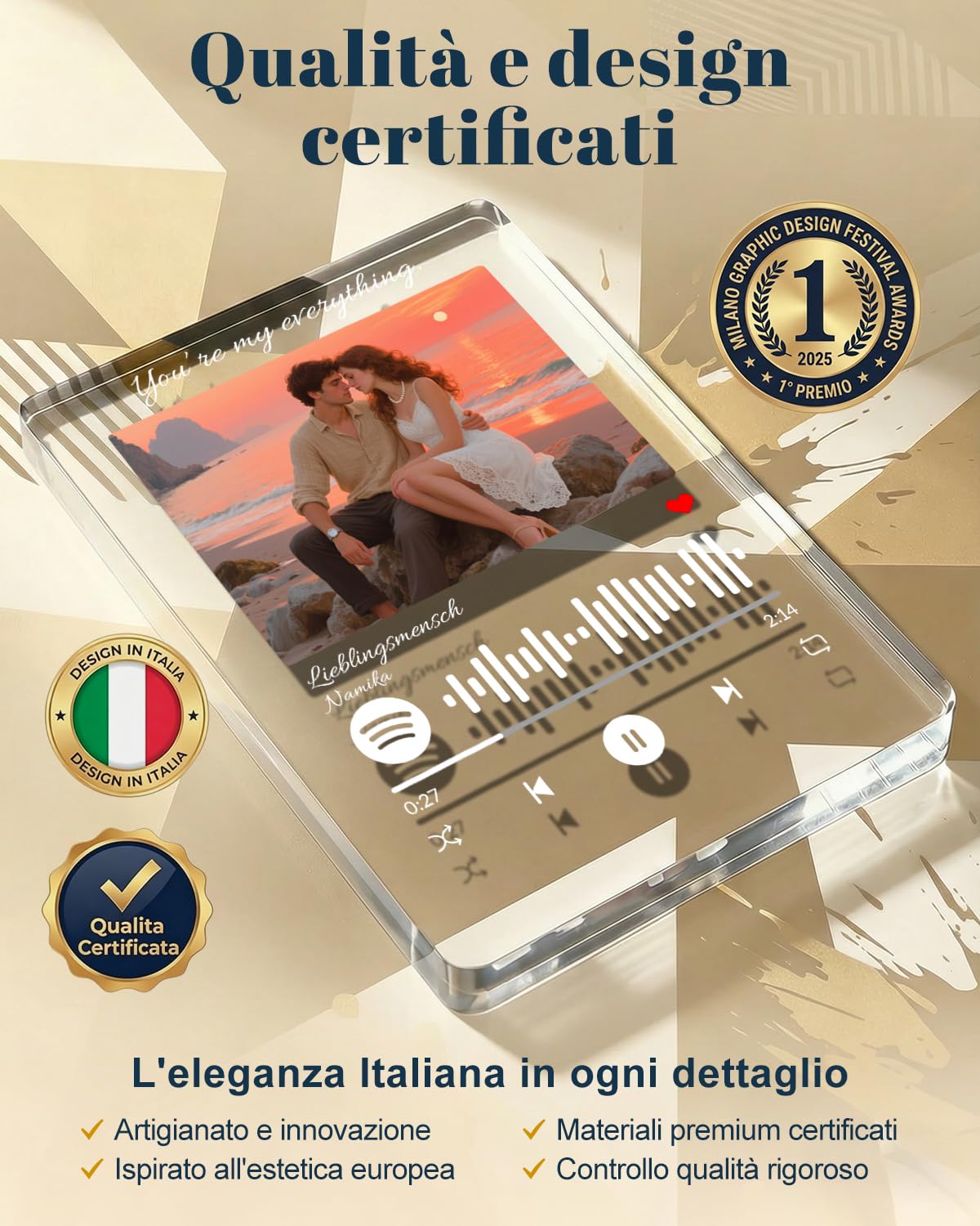 Design Italiano Targa Spotify in Acrilico Cristallino (1cm) Cornice Musicale Artigianale con Foto e Codice Scansionabile - Idea Regalo Esclusiva per Anniversario, San Valentino e Famiglia