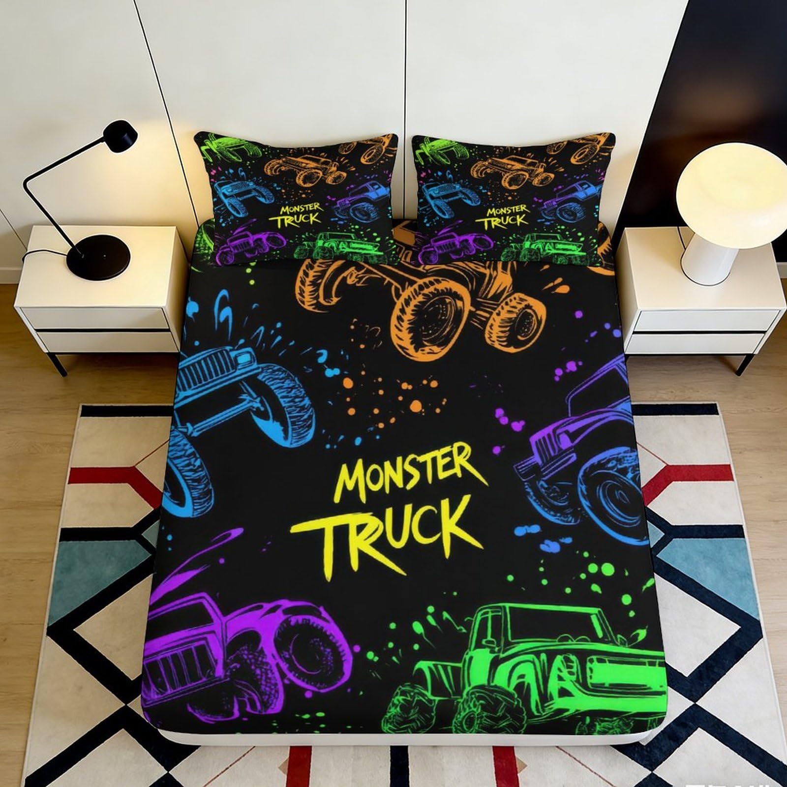 3D Printed Neon Monster Truck Fitted Sheet Microfiber Soft Colourful Graffiti Bed Cover for Bedroom Dorm Mattress Protection 90x200x25cm