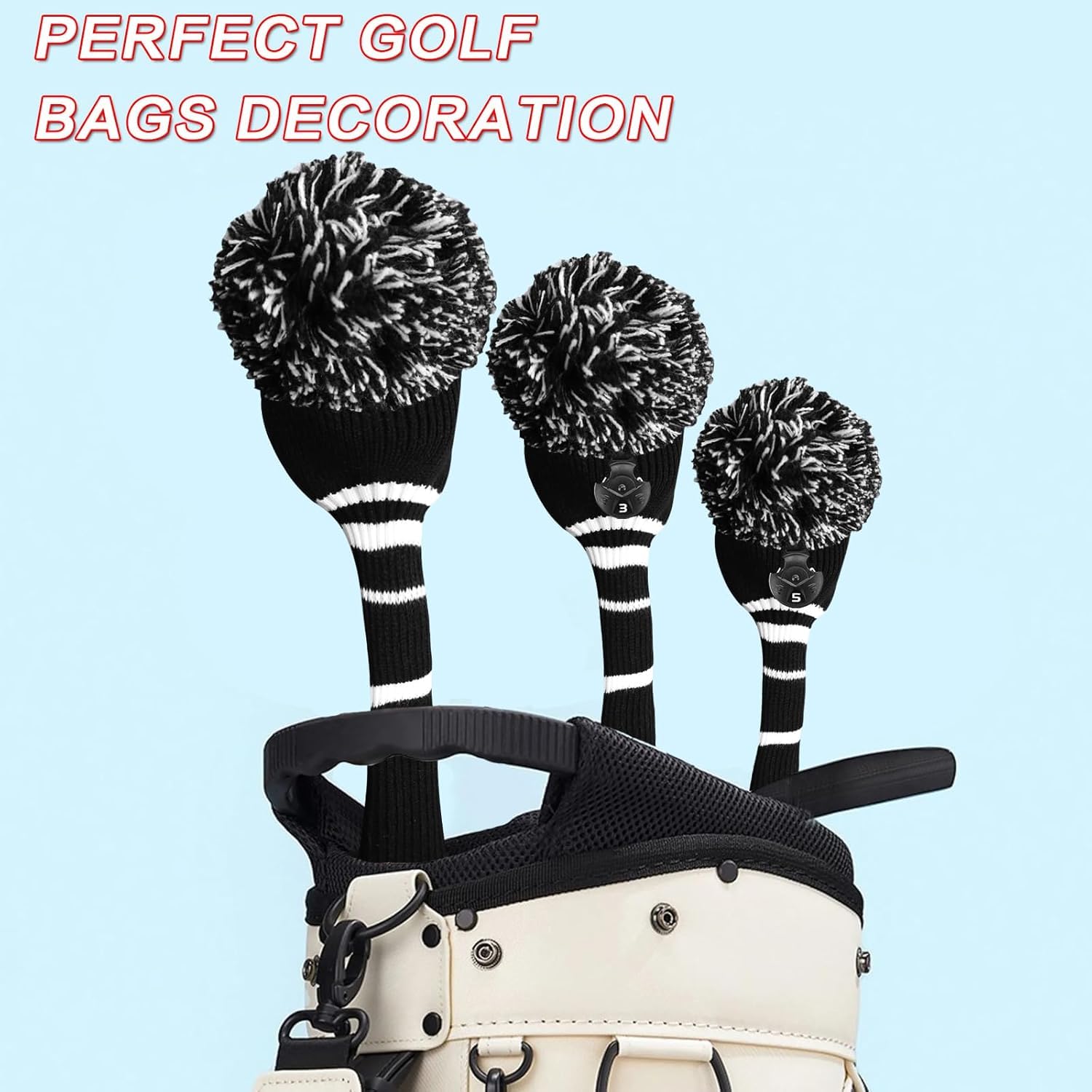 Set di 3 o 4 copritesta da golf con pompon per legno da 1, 3, 5, ibrido per campo da golf con etichetta numerata a maglia