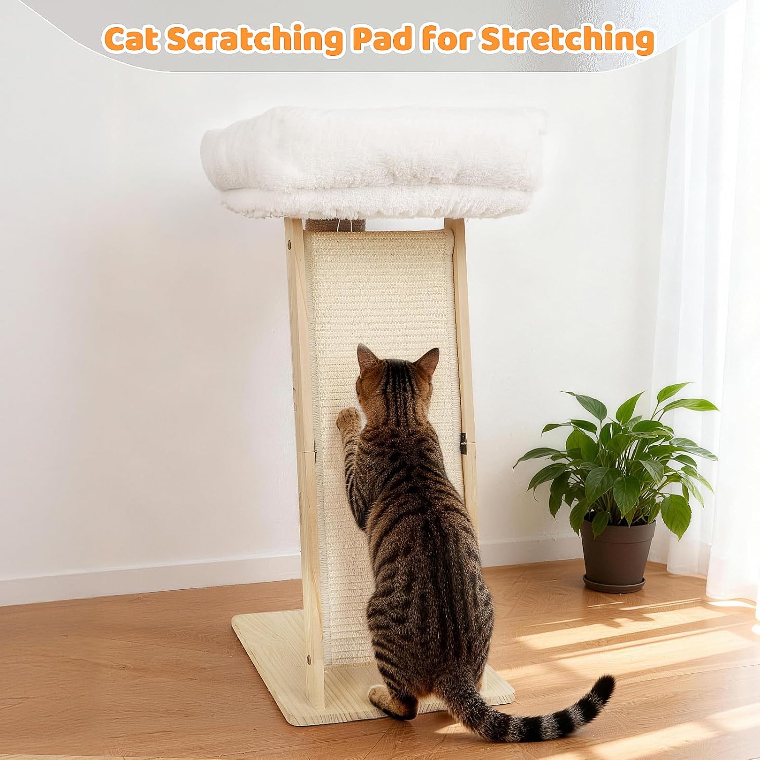 27.5" 3-in-1 Cat Scratching Post with Hammock &Scratcher, Pine Base & Tall Sisal Scratching Pole, Rabbit Fur Hammock Pad, Hanging Bell Toy, Medium-White