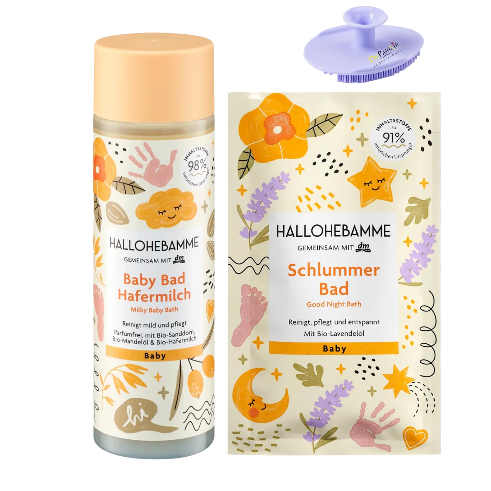 2er-Set – Baby Badezusatz Hafermilch (200 ml) + Baby Badezusatz Schlummer Bad (20 ml) + Bonus Silikonschwamm