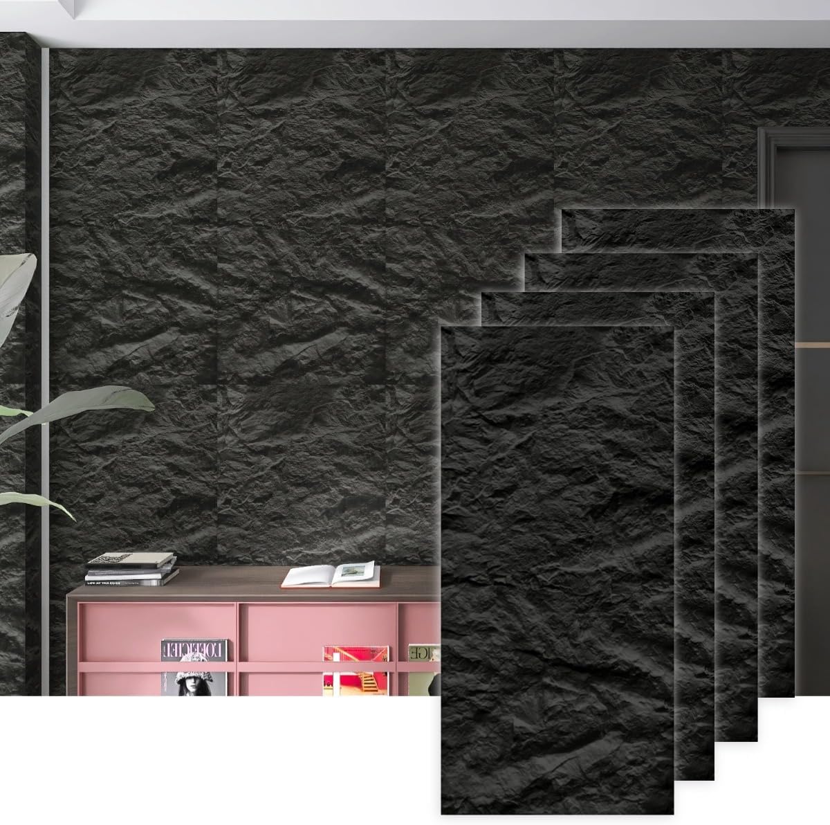 4-Pack 3D PU Stone Wall Panels for Interior Decor - Graphite Black, 43.30"x23.62"x0.47" | Faux Stone Accent Wall Tiles, Lightweight & Waterproof