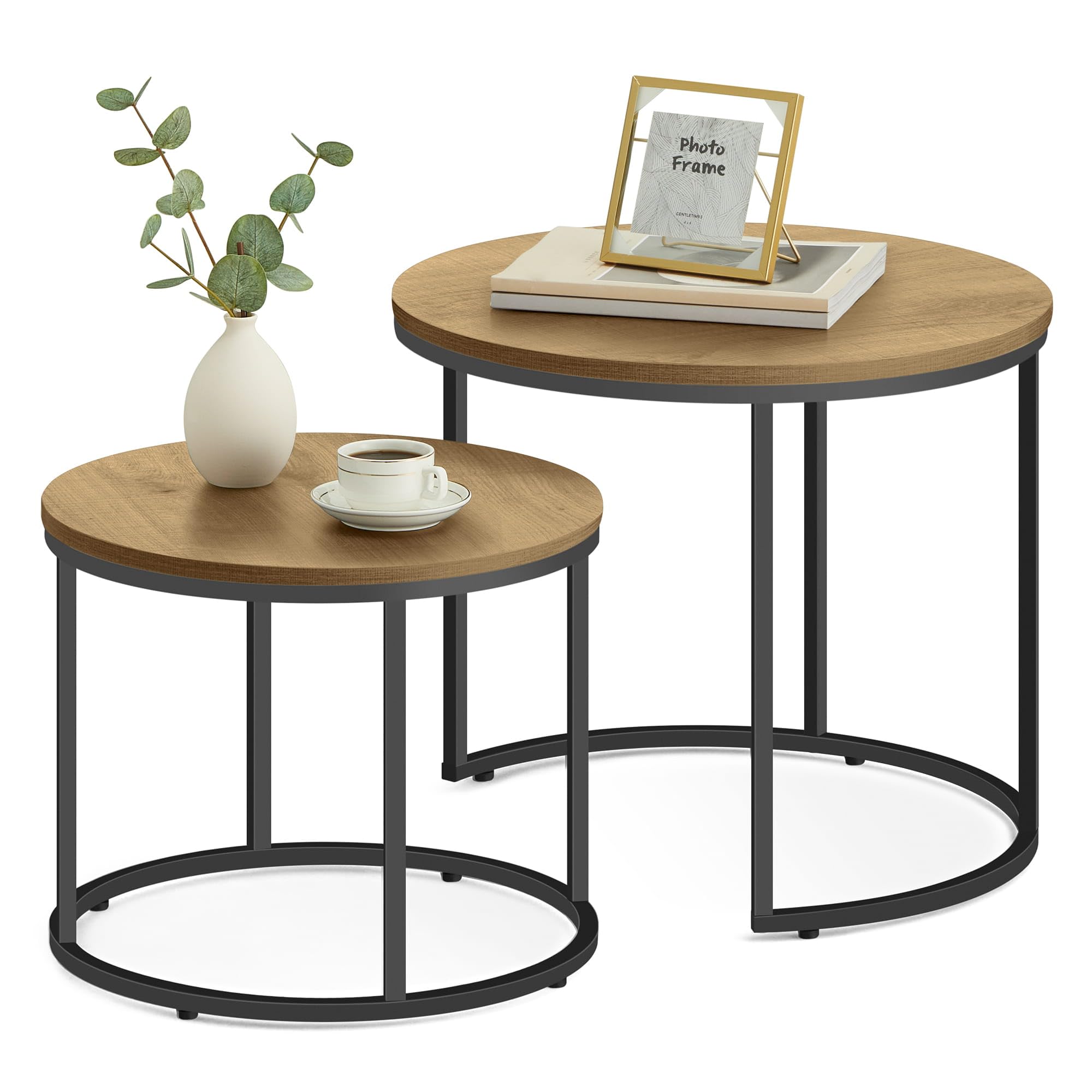 FORTENA 2er Set Couchtische, Schwarze oder goldene Metallbeine, Industrial-Stil, Raund (Eiche – Schwarze Tischbeine)