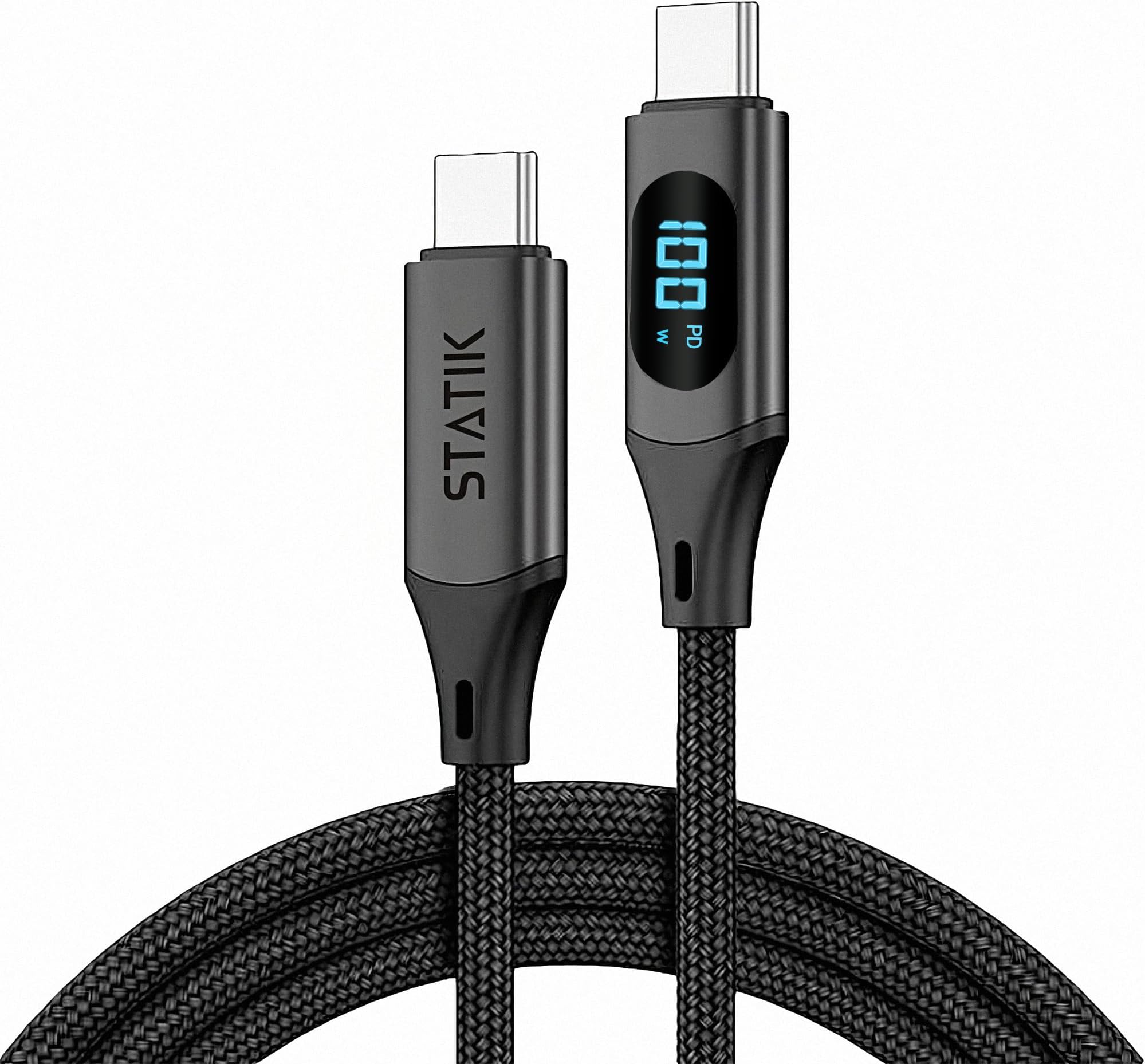 Statik TruCharge 100W USB C Braided Cable with LED Digital Display, USB C Power Meter and BlitzCharge Technology - Super Fast Charging Cord Type USBC to USBC - 3FT / 1M