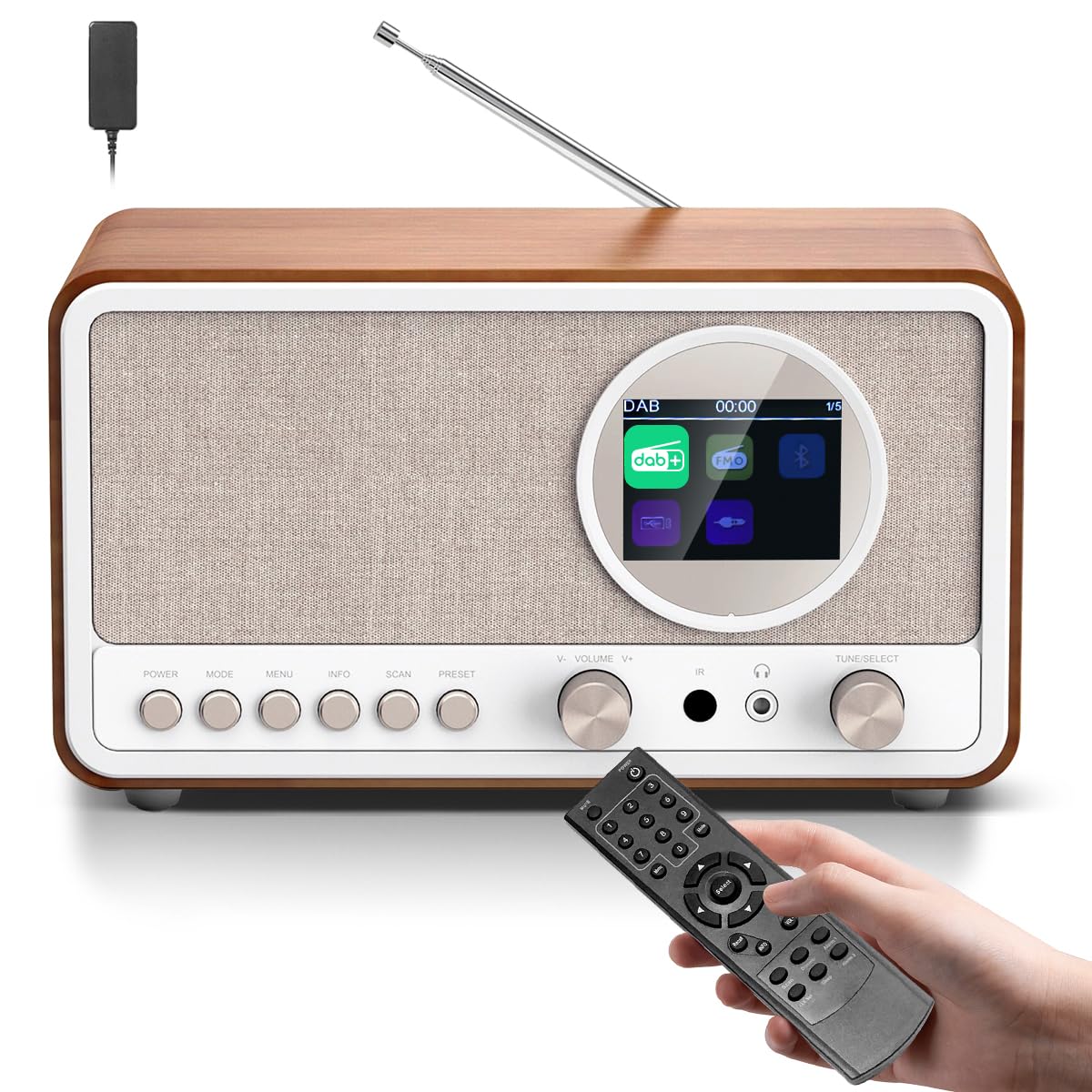 Radio Digitale DAB/DAB+/FM con Telecomando, Radio da Cucina Bluetooth con Altoparlante HiFi 5W, Doppia Sveglia, 60 Stazioni, Ingresso Cuffie, USB, AUX, Timer