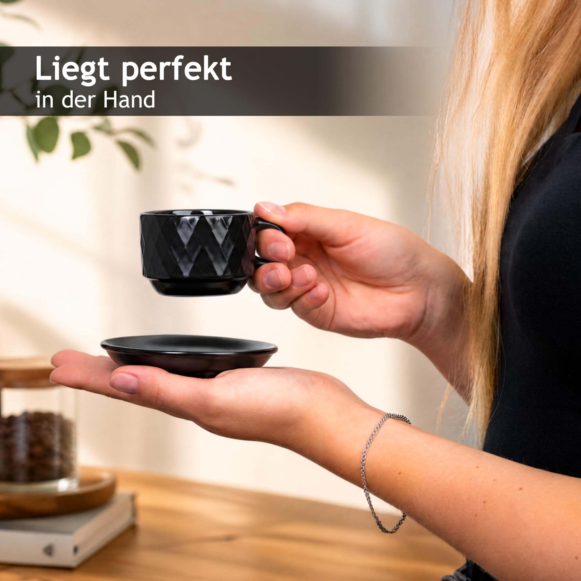 MIAMIO – 6 x 75 ml Espresso Tassen/Espressotassen Set mit Ständer Steingut Keramik - Palmanova Kollektion (Schwarz)