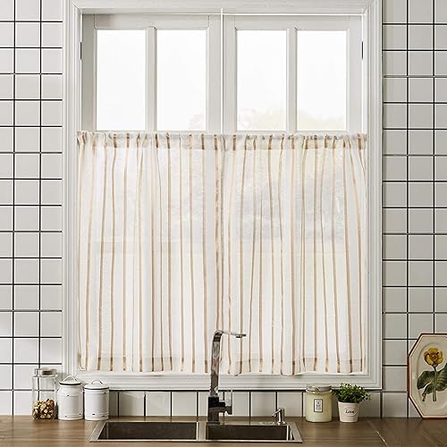 Miniatura 7 de MRTREES Cortinas de cocina semitransparentes a rayas, cortinas de lino con textura de lino para baño, sala de estar, casa rodante rústica (2