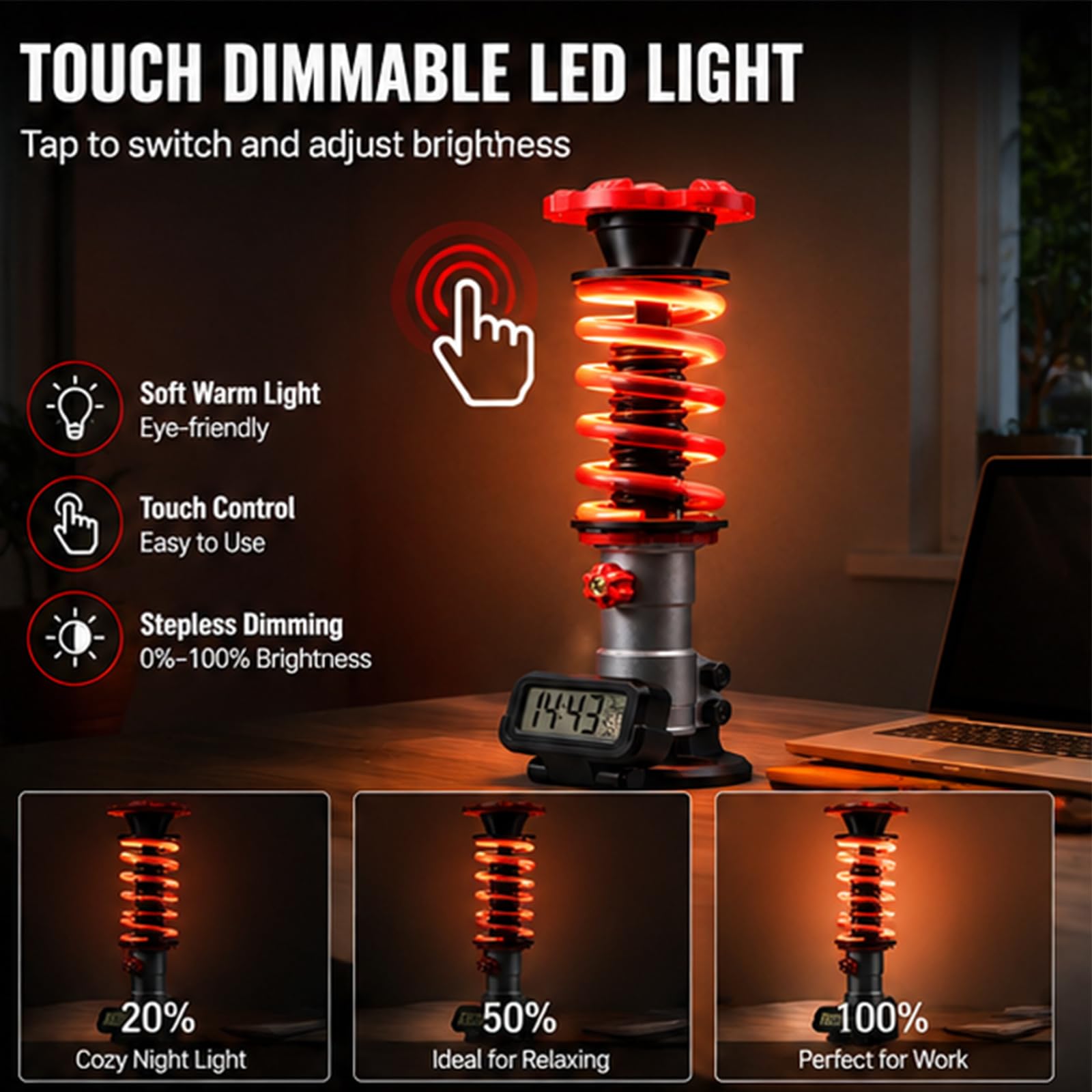 Lampada da tavolo con ammortizzatore stampato in 3D con orologio digitale, luce notturna a LED in stile industriale, tocco regolabile/3 colori chiari, luci ambientali per sala giochi fai da te, p red