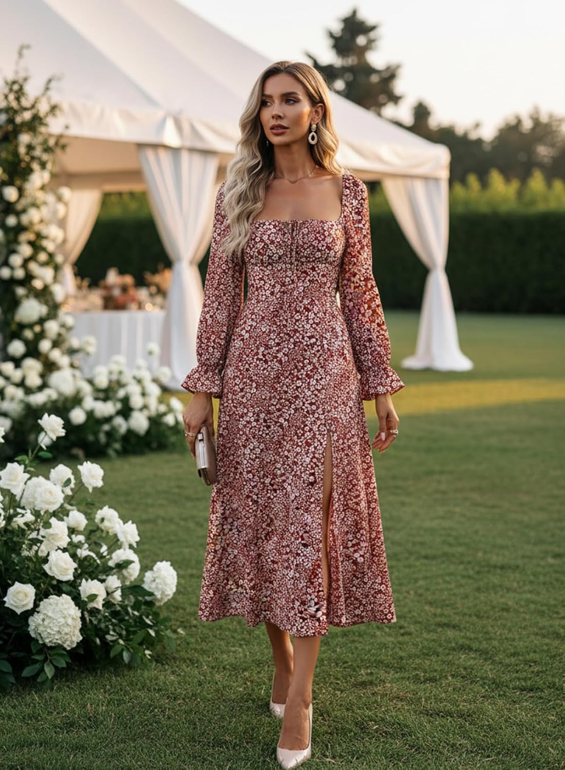 BLENCOT Womens Casual Square Neck Long Sleeve Boho Floral Midi Dress Print Side Split Dresses - Image 4