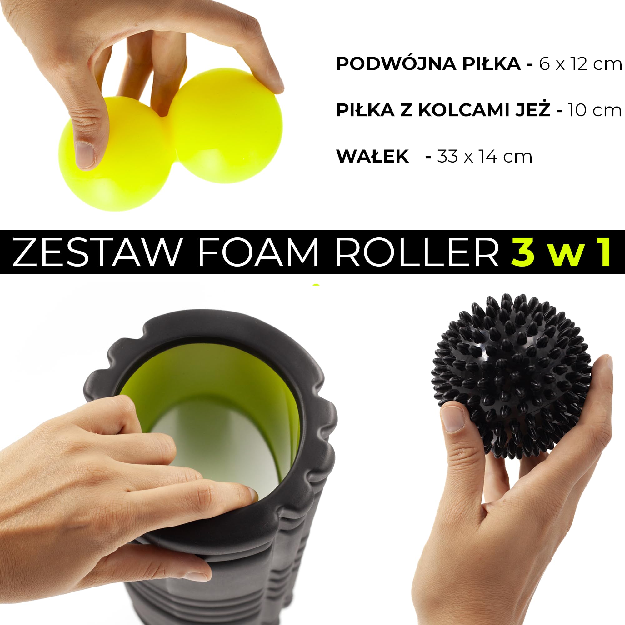 KALAHARI Zestaw Foam Roller 3 w 1 plus Ebook z ćwiczeniami - Wałek do masażu powięzi, Podwójna Piłka, Piłka z kolcami Jeż i wygodna Torba - Terapia Punktów Spustowych i Masaż Mięśniowo-Powięziowy