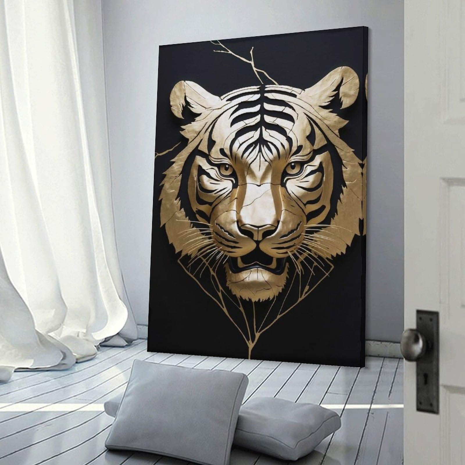 Junmoney Decorative Canvas Print Golden Tiger Head on Black Background, 20x30inch(50x75cm), for Home Office, Desk Area Or Studio, Home Office Artwork with Decorative Appeal