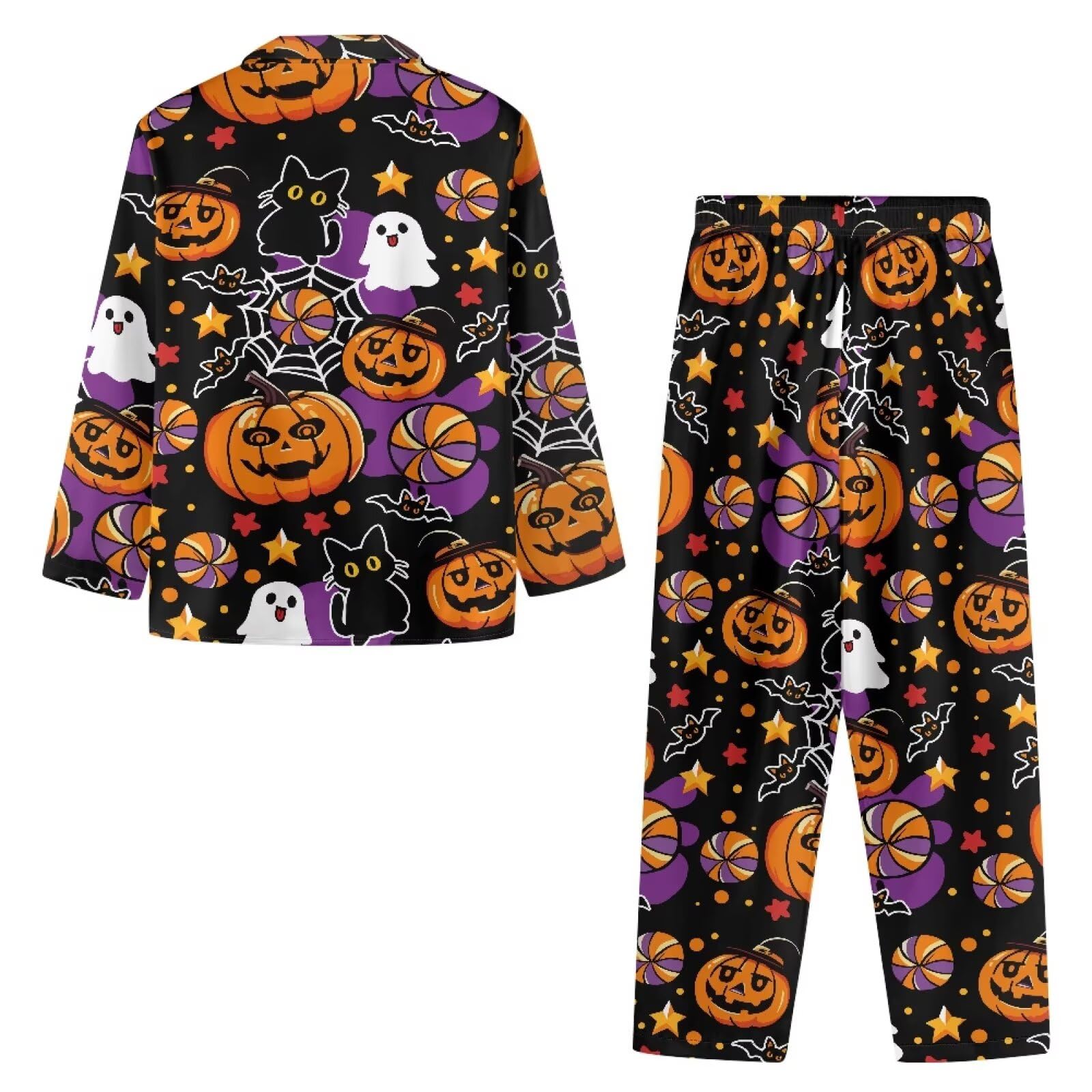 Halloweenowy zestaw piżam męskich, 2 sztuki, przytulna piżama z wycięciem dla mężczyzn, codzienna męska bielizna nocna z długim rękawem z kieszeniami i elastyczną opaską, dynia, duch