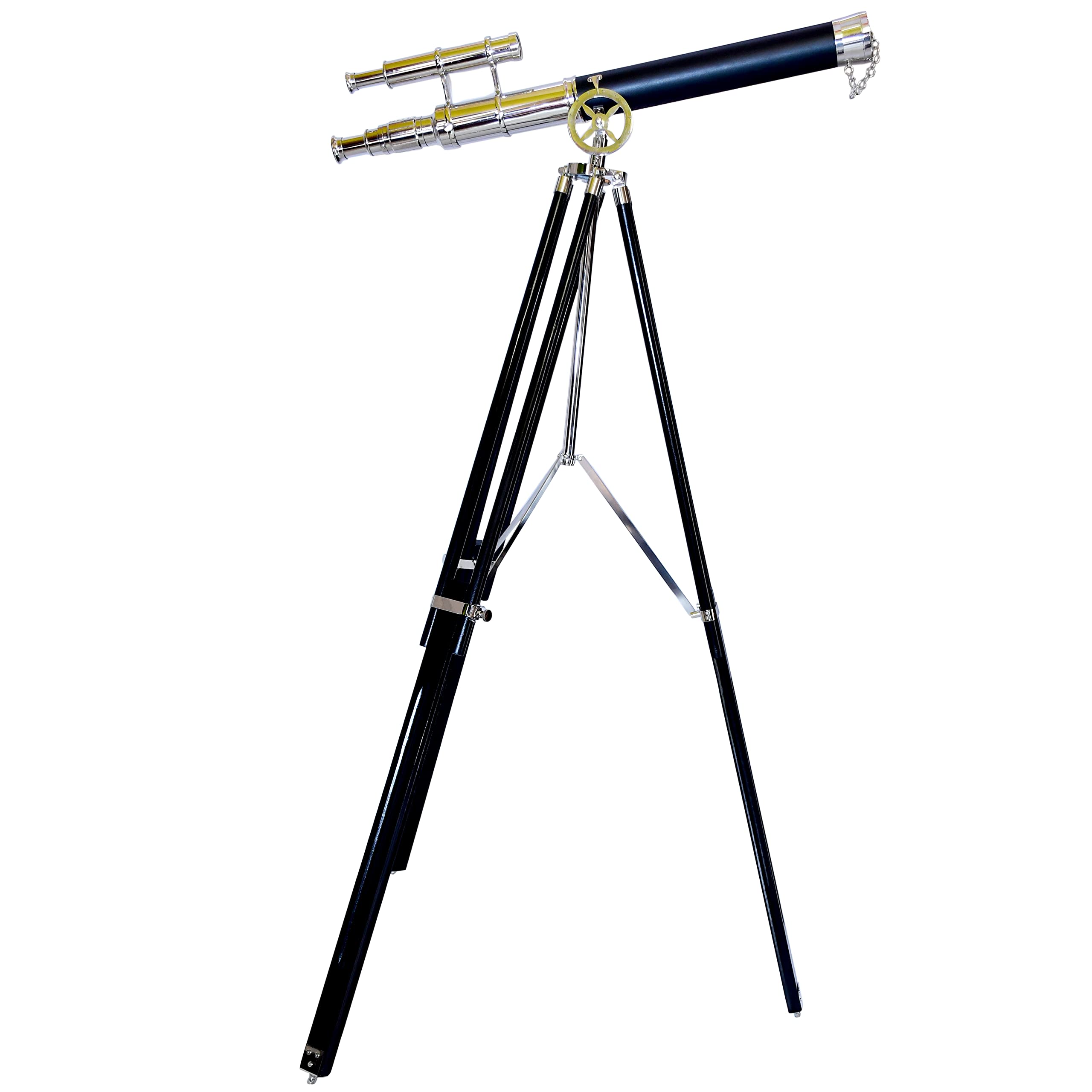 Nautical Brass Nickel Double Barrel Telescope with Black Wooden Tripod Brass Floor Standing Telescope - NAVIROCK